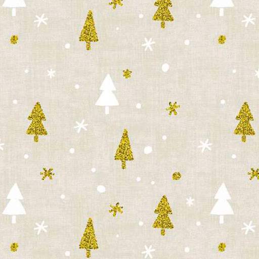 Gemusterter beiger Stoff mit verstreuten goldenen und weißen Weihnachtsbäumen und Schneeflocken-Motiven.