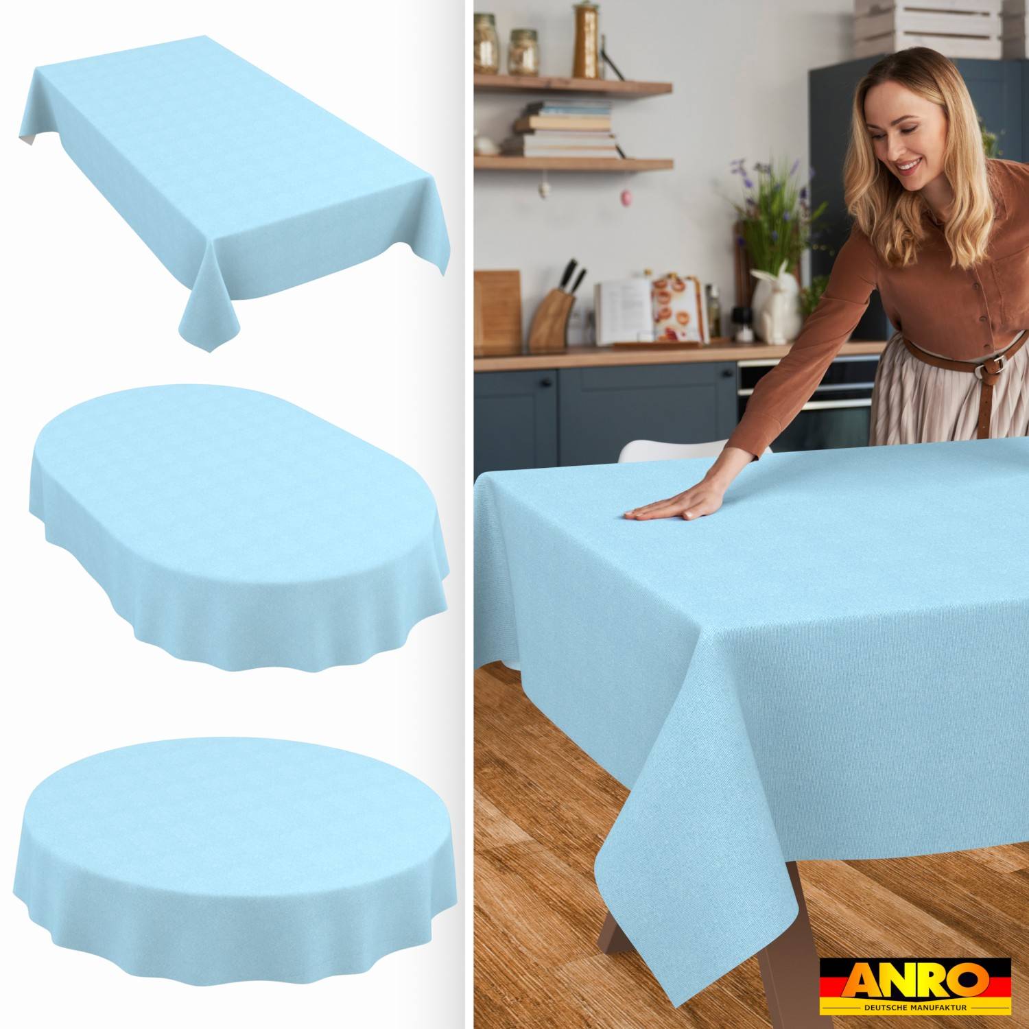 Foto einer Frau, die ein hellblaues Tischtuch auf einem Esstisch glättet, mit drei Produktansichten, die das Tuch in rechteckiger, ovaler und runder Form zeigen.