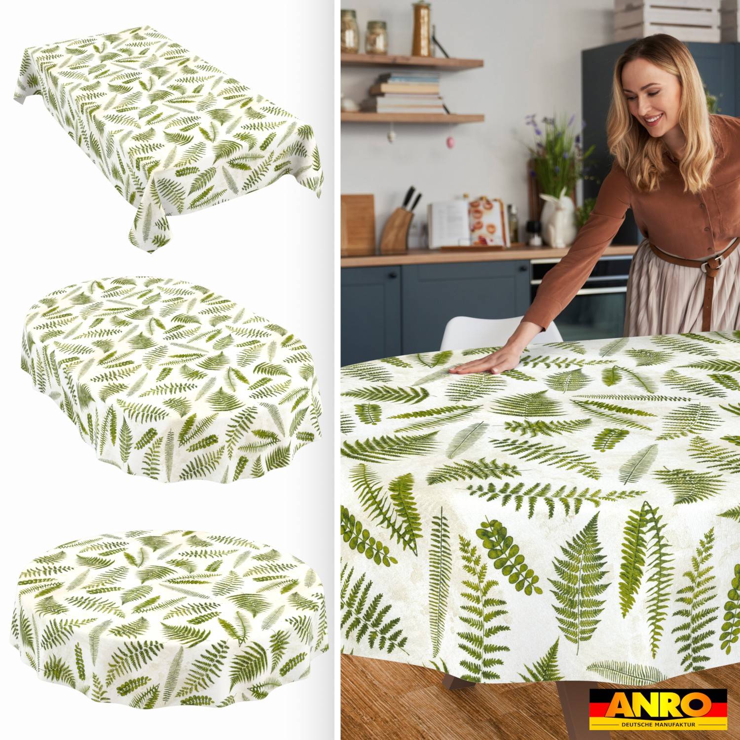 Geteiltes Bild mit einer Tischdecke mit Farnmuster auf einem Tisch und drei Produktansichten auf weißem Hintergrund, mit einer Frau, die das Tuch in einer Küche glättet.