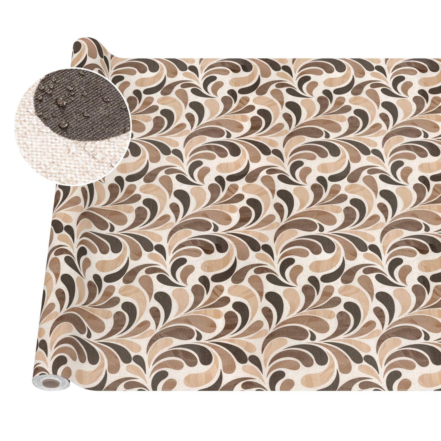 Gemusterte Tapeterolle mit beige, braun und cremefarbenen abstrakten Blattmotiven; die Vergrößerung zeigt strukturierte Rückseite mit selbstklebender Oberfläche.