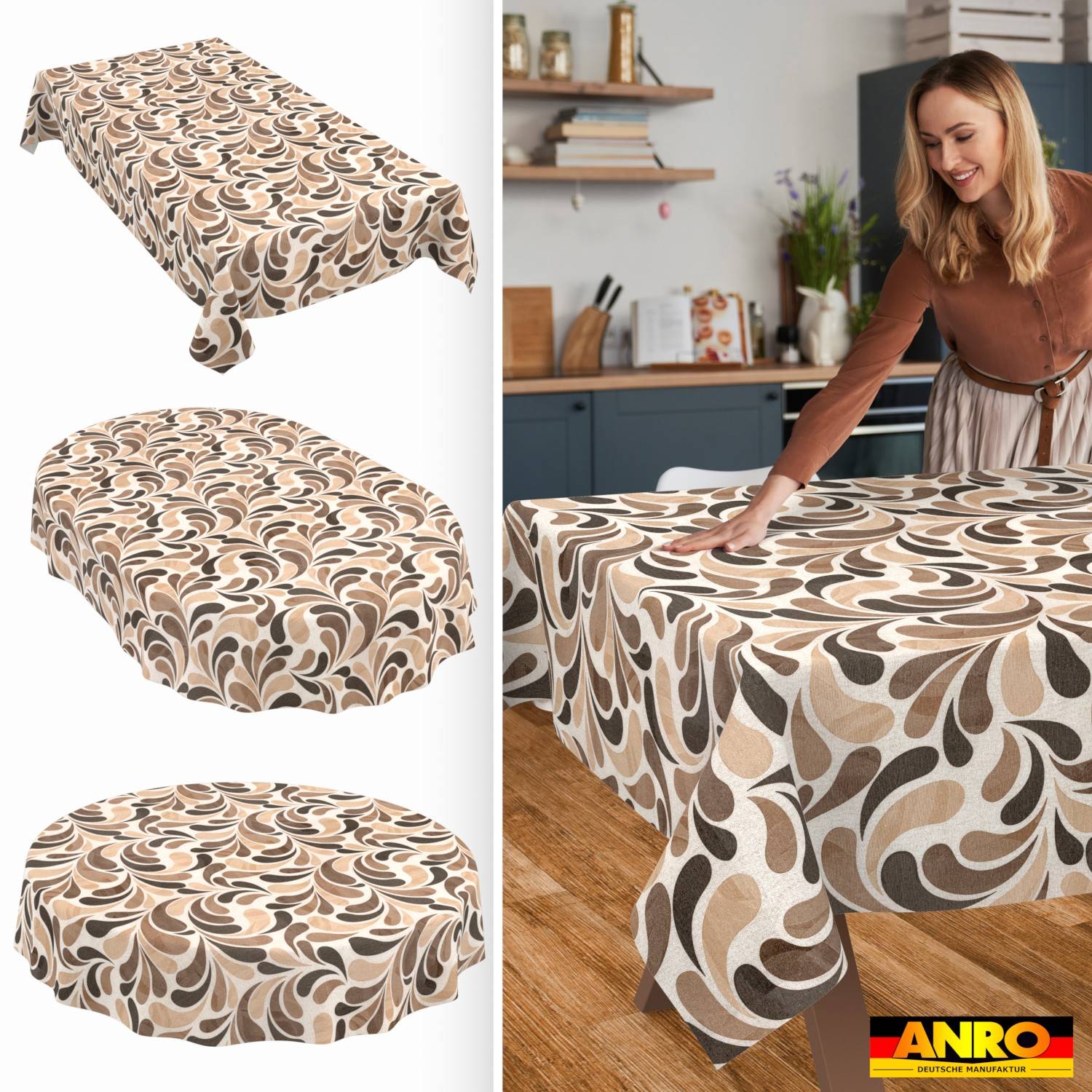 Frau glättet eine braun-beige gemusterte Tischdecke über einem Esstisch, gezeigt mit drei verschiedenen Tischgrößen auf der linken Seite und dem ANRO-Logo in der Ecke.