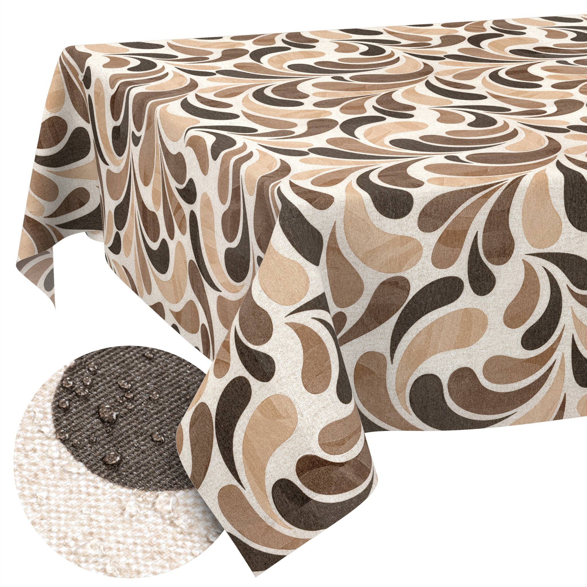 Gemustertes Tischtuch, das über einem Tisch drapiert ist, mit einer Nahaufnahme im Einsatz, die strukturiertes Webgewebe in Braun, Beige und Creme zeigt.