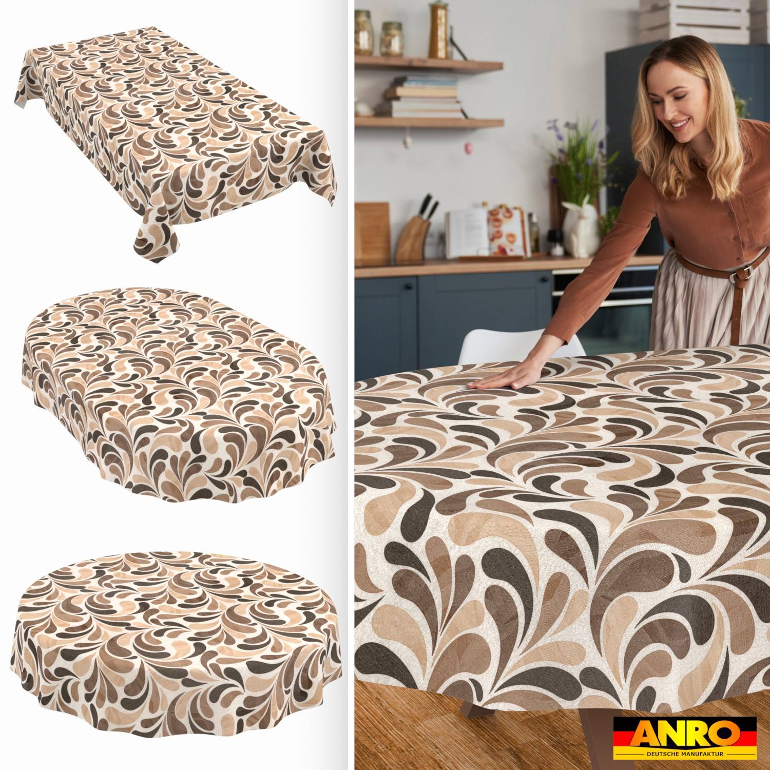 Collage zeigt eine braun-beige gemusterte Tischdecke oder Stretch-Bezug auf einem Tisch, mit einer Frau, die ihn in einer Küche glatt streicht.