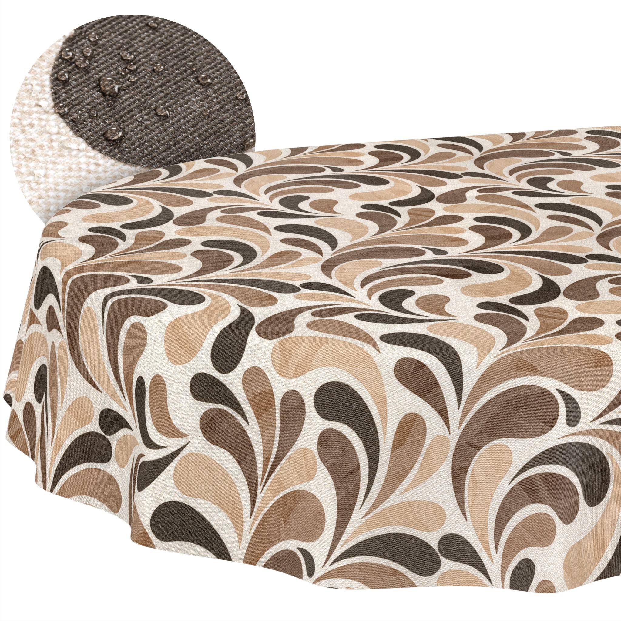 Runder Tisch mit einer braun, beige und creme gemusterten Blumenstoffdecke.
