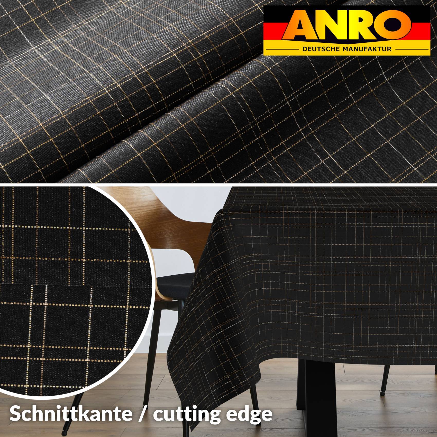 Schwarzes Karostoff-Muster, das das Logo „ANRO Deutsche Manufaktur" zeigt und ein kreisförmiges Detail der Schnittkante auf einem drapierten Tischtuch.