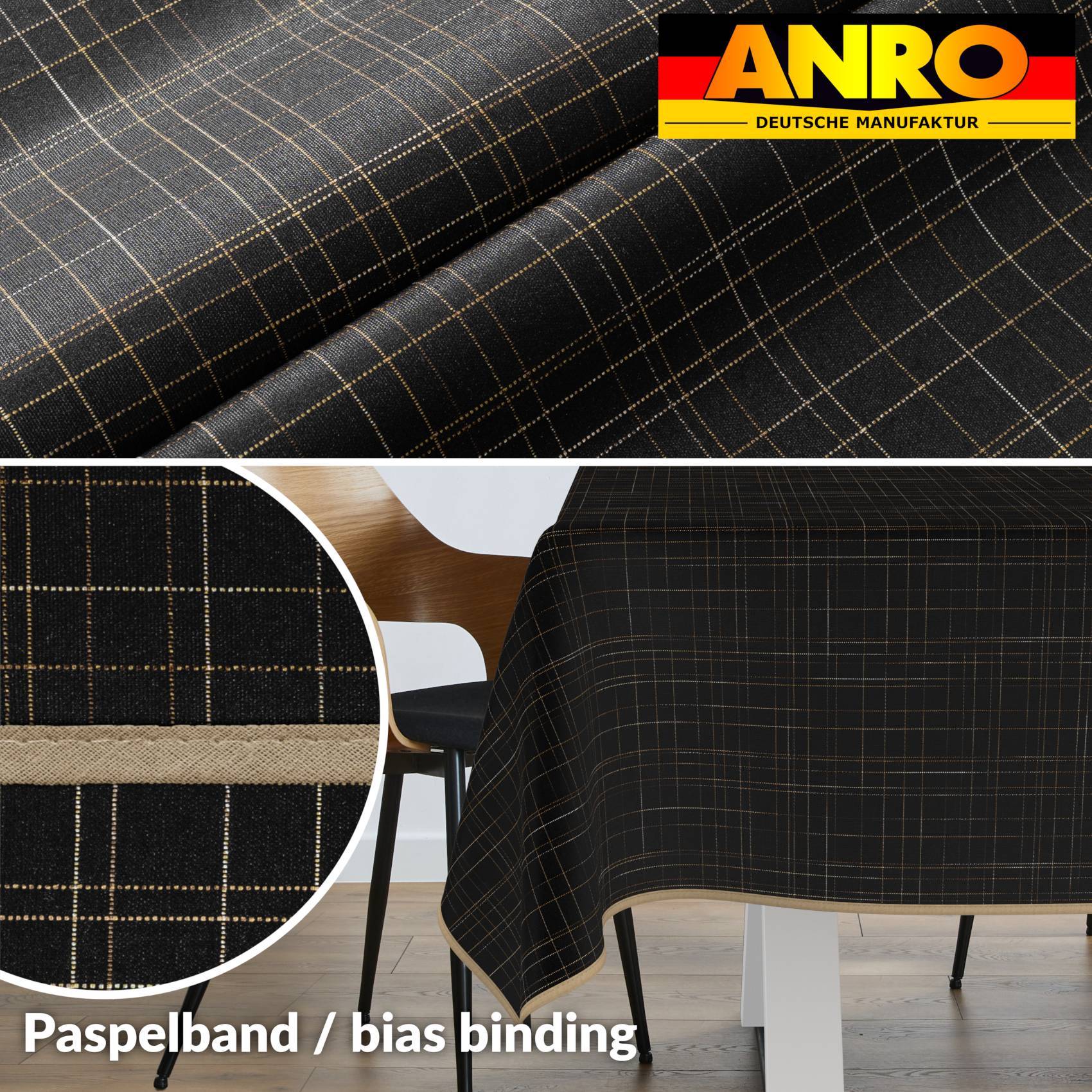 Schwarzer Karostoff mit beigem Gittermuster-Einfassung, gezeigt als Tischdecke und Nahaufnahme-Muster; gekennzeichnet mit „Paspelband / Schrägband" mit ANRO-Logo.