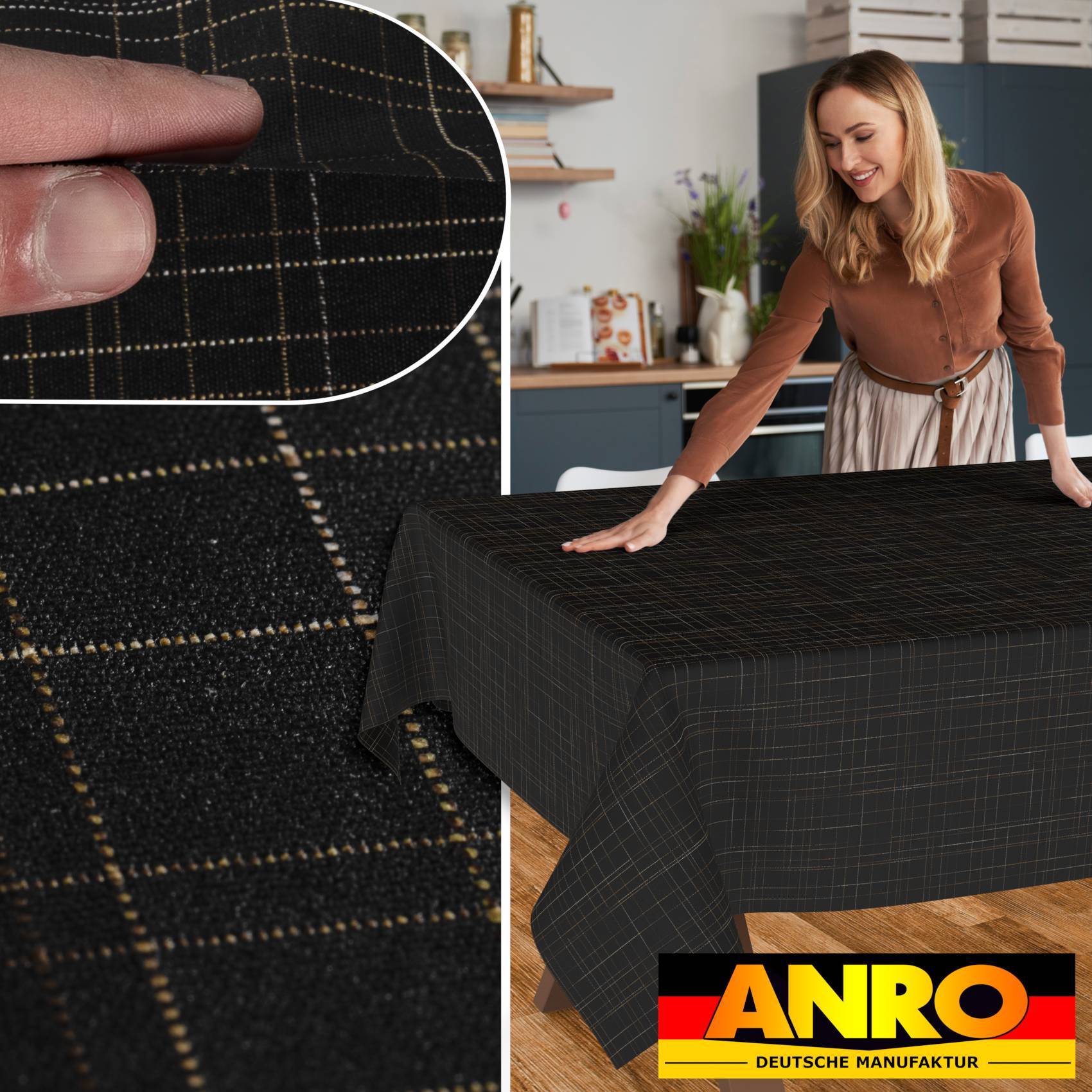 Frau arrangiert eine schwarze Karos-Tischdecke; eingefügte Nahaufnahme zeigt die Stoffstruktur, mit ANRO Deutsche Manufaktur Logo unten rechts.