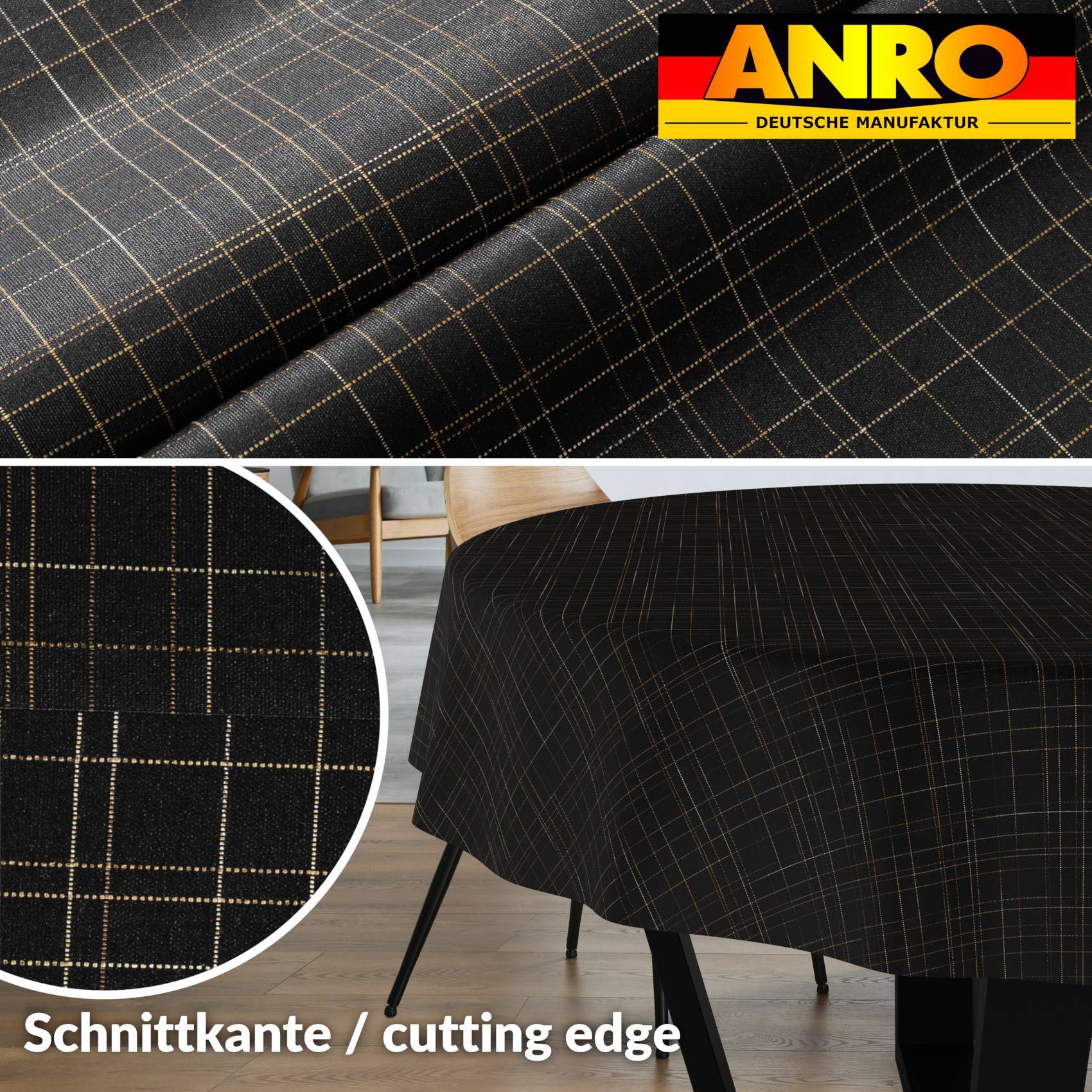 Schwarzes Karostoffgewebe, das auf einer Tischdecke gezeigt wird, mit einer Nahaufnahme der Schnittkante und dem Etikett „Schnittkante / cutting edge".