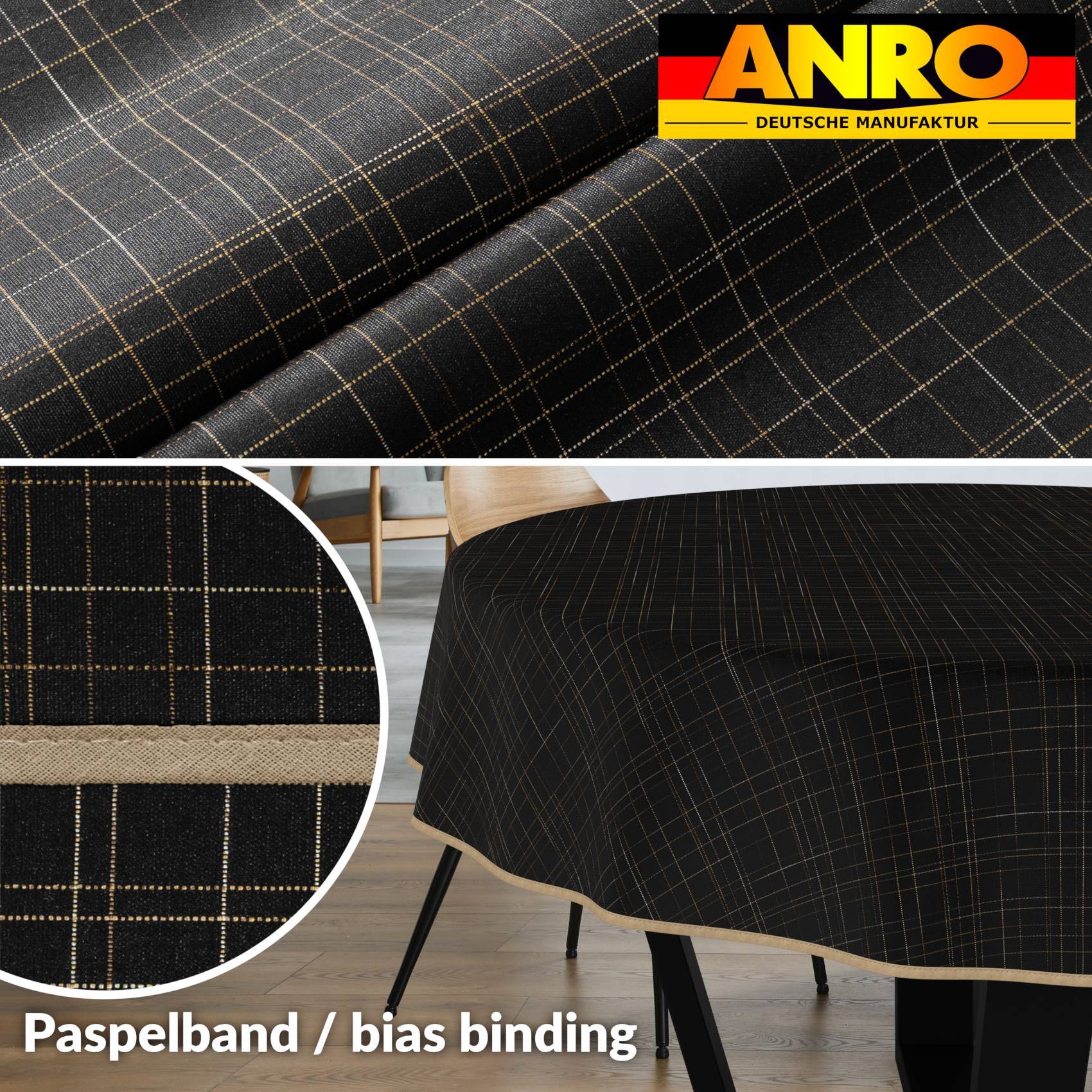 Schwarzer karierter Stoff mit goldenen Gitterlinien und beigefarbener Einfassung auf einer Tischdecke, gekennzeichnet mit „Paspelband / Schrägband".