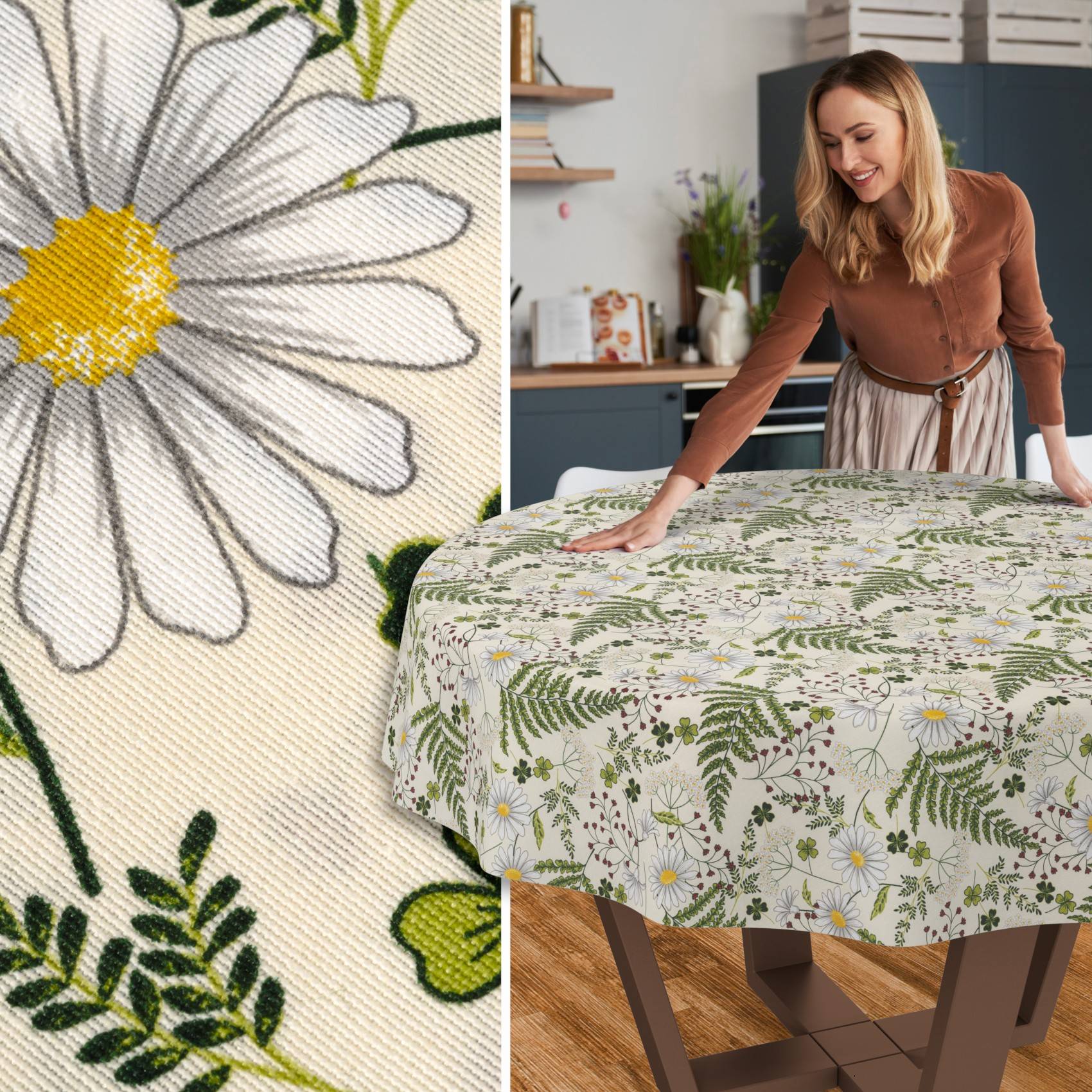 Eine Frau glättet eine Tischdecke mit Blumenmuster auf einem Esstisch, daneben ist eine Nahaufnahme des Stoffmusters mit Gänseblümchen und Blättern zu sehen.