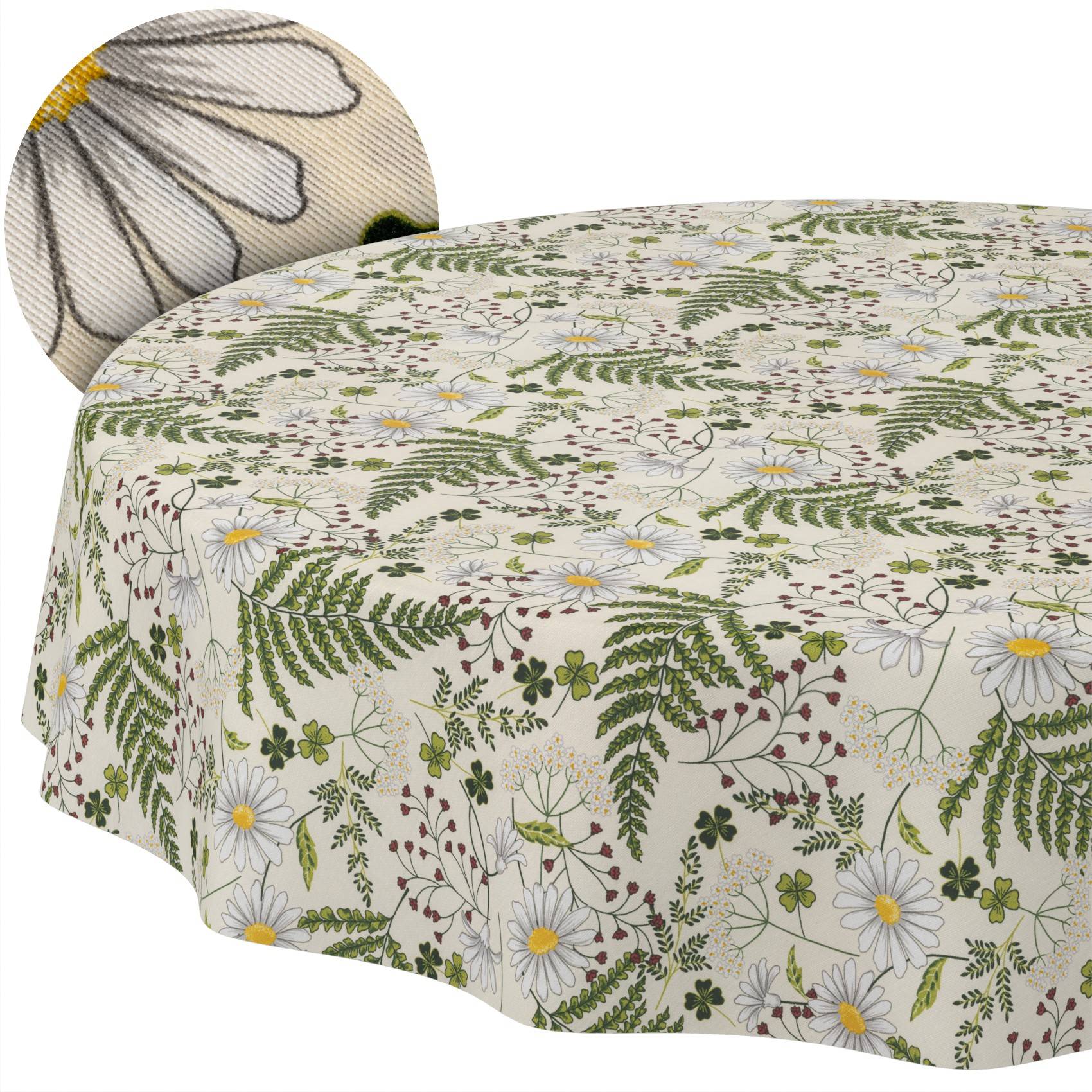 Runde Tischdecke mit weißem Blumen- und Farnmuster, auf einem Tisch mit eingelegtem passendem Stoffdetail gezeigt.
