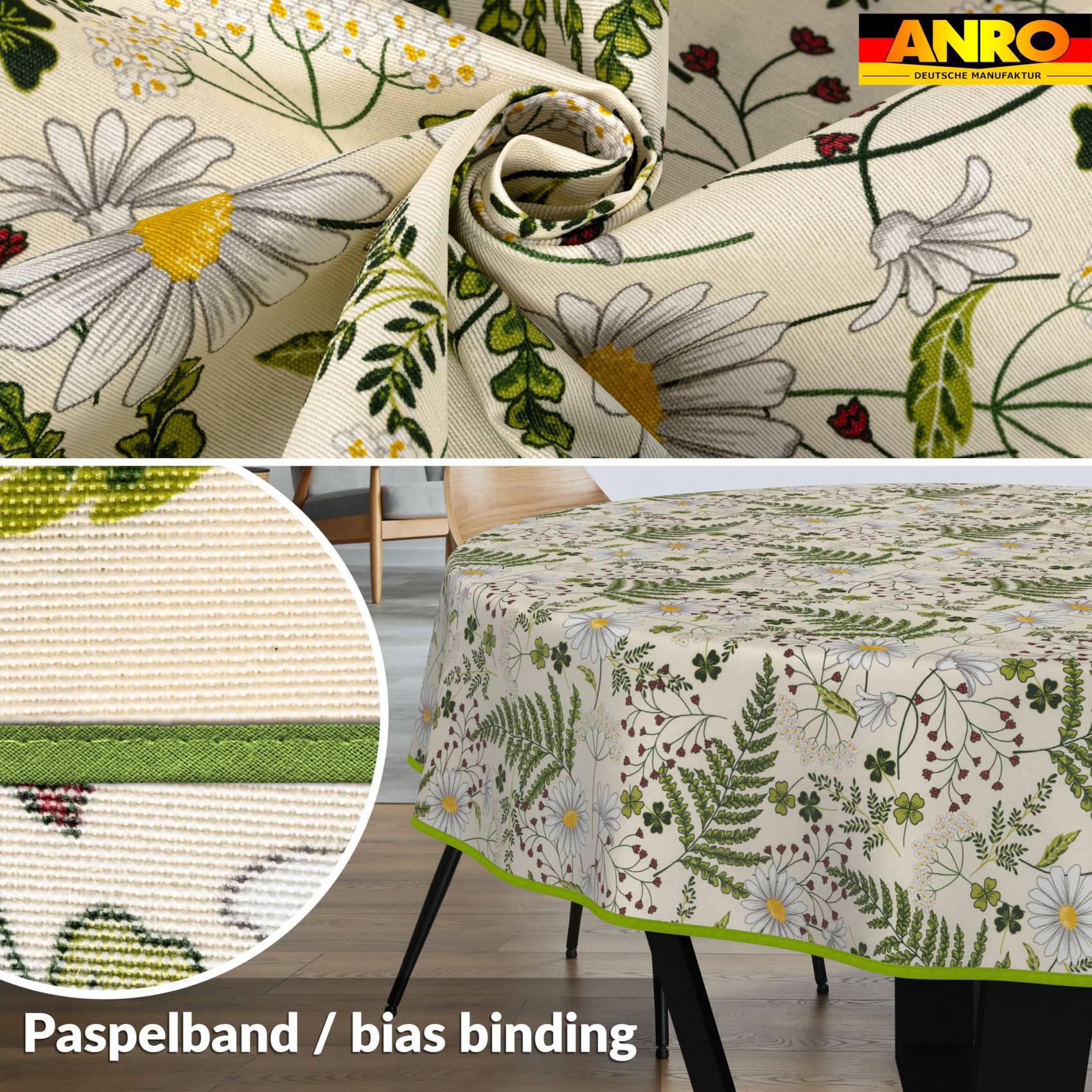 Collage mit Nahaufnahme von Blumen-Tischdeckenstoff, Detail des Schrägbandes und einem mit dem Stoff gedeckten Tisch; Text lautet „Paspelband / Schrägband".