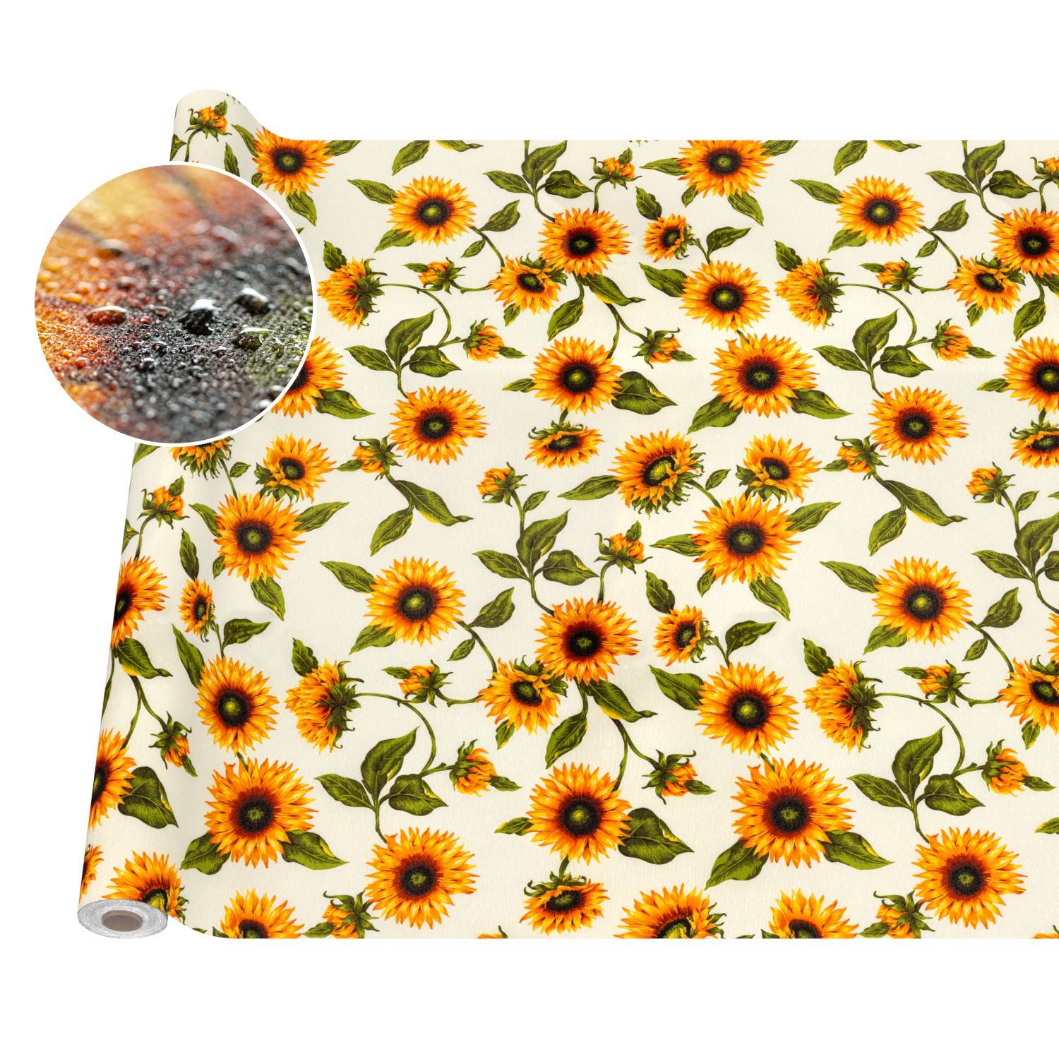 Rolle mit Sonnenblumen-Musterung Tapete, gezeigt mit einer Nahaufnahme des strukturierten Oberflächeneinsatzes.