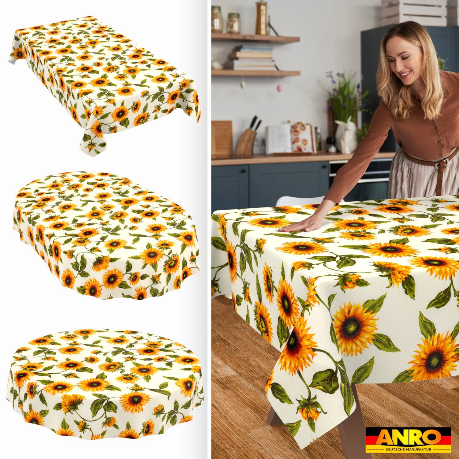 Frau, die ein Tischdecke mit Sonnenblumenmuster auf einem Esstisch glättet; die linke Seite zeigt die Tischdecke auf verschiedenen Tischformen, mit ANRO-Branding.