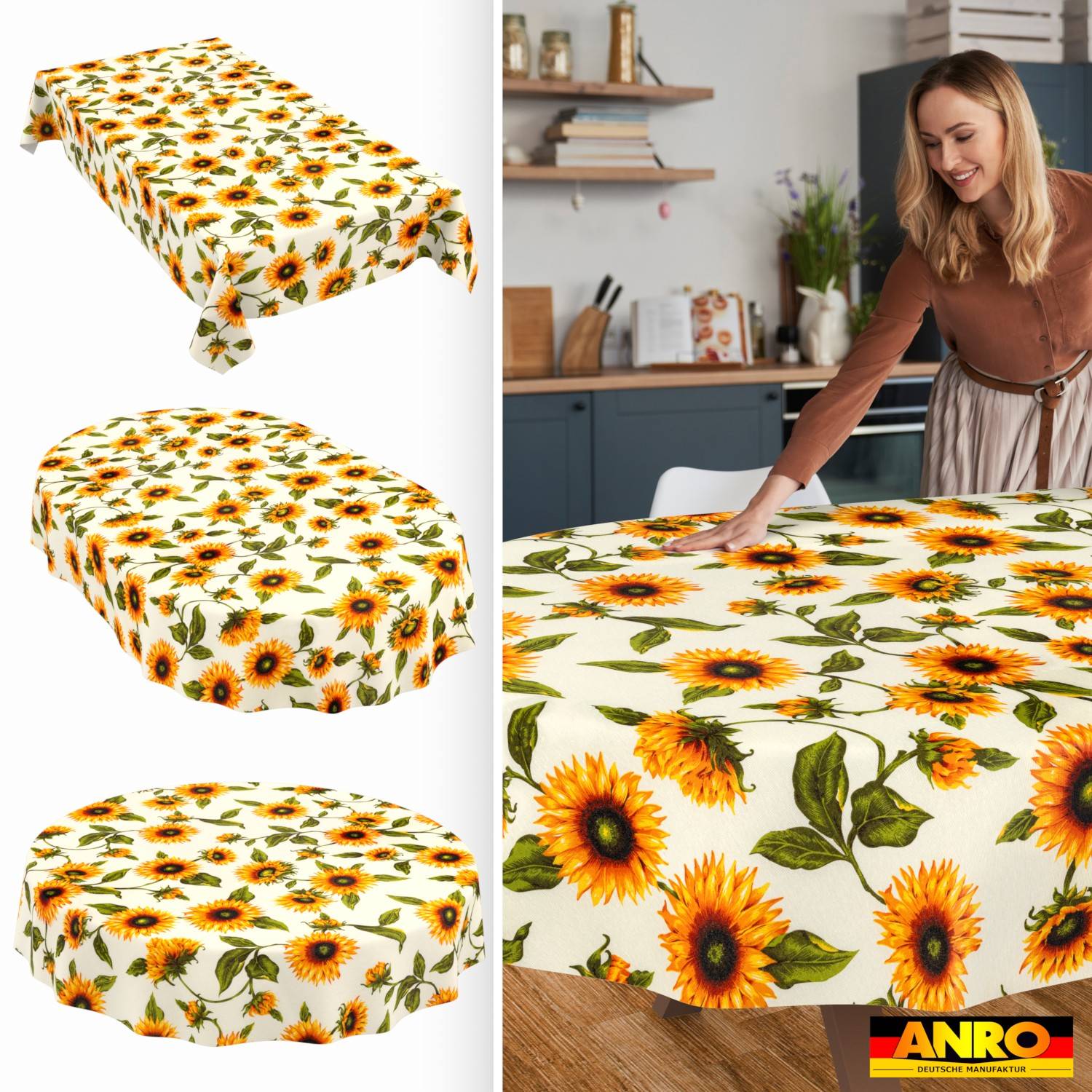 Collage, die eine Sonnenblumenmuster-Tischdecke auf einem Tisch und eine Frau zeigt, die sie in einer Küche glättet.