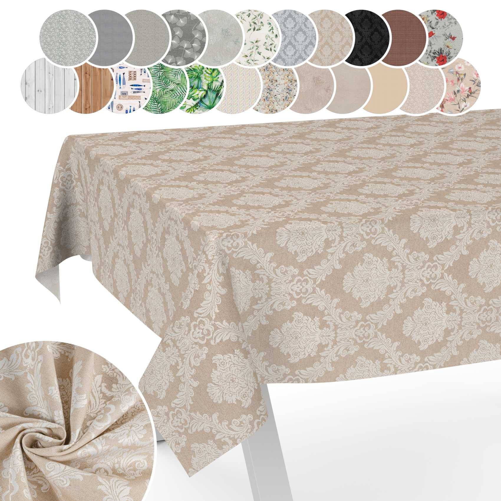 Beigefarbige Blumentischdecke auf einem Tisch, mit oben gezeigten Stofftexturen und Mustermustern sowie einer Nahaufnahme der drapiertenEcke darunter.