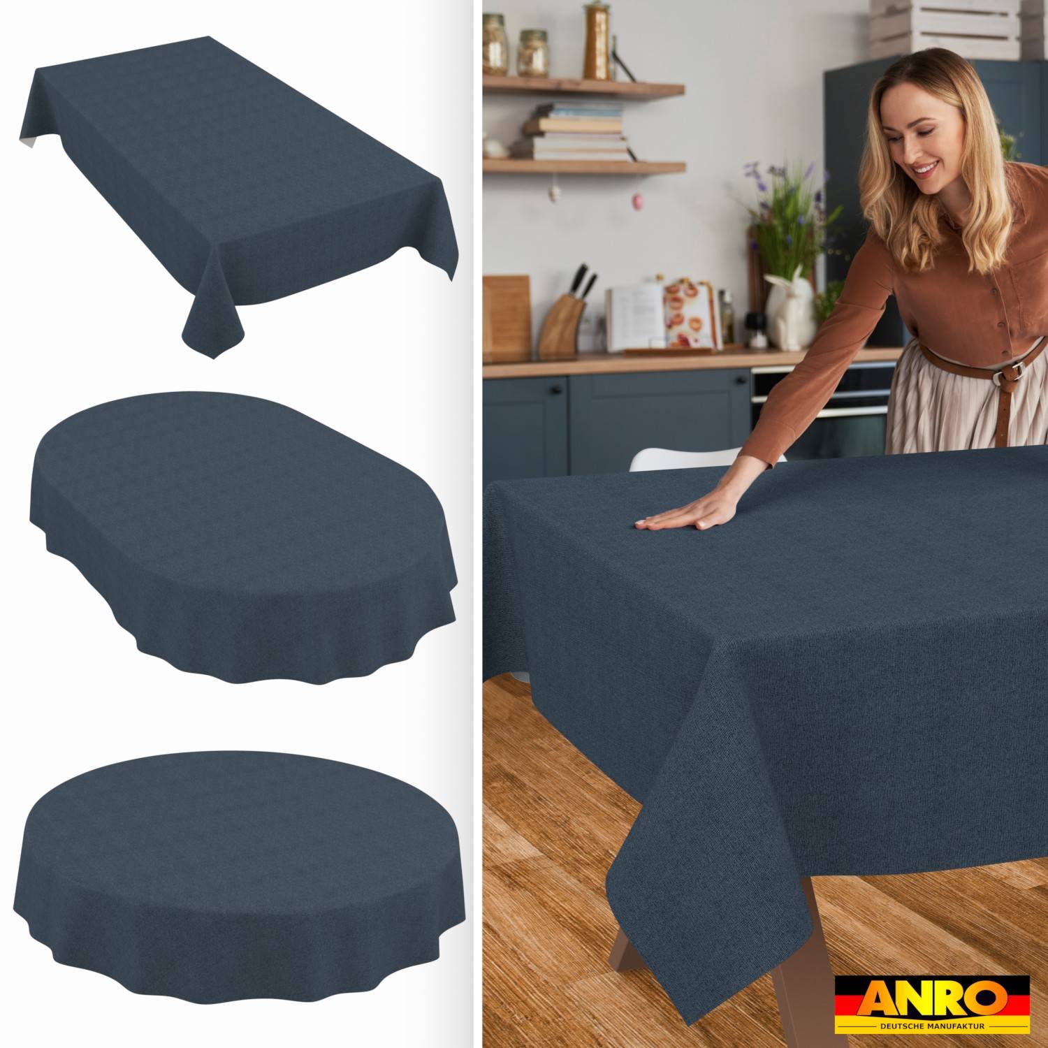 Collage zeigt dunkelblau Tischdecken in rechteckiger, ovaler und runder Form, plus eine Frau, die eine marineblaue Tischdecke über einen Esstisch in einer Küche glättet.