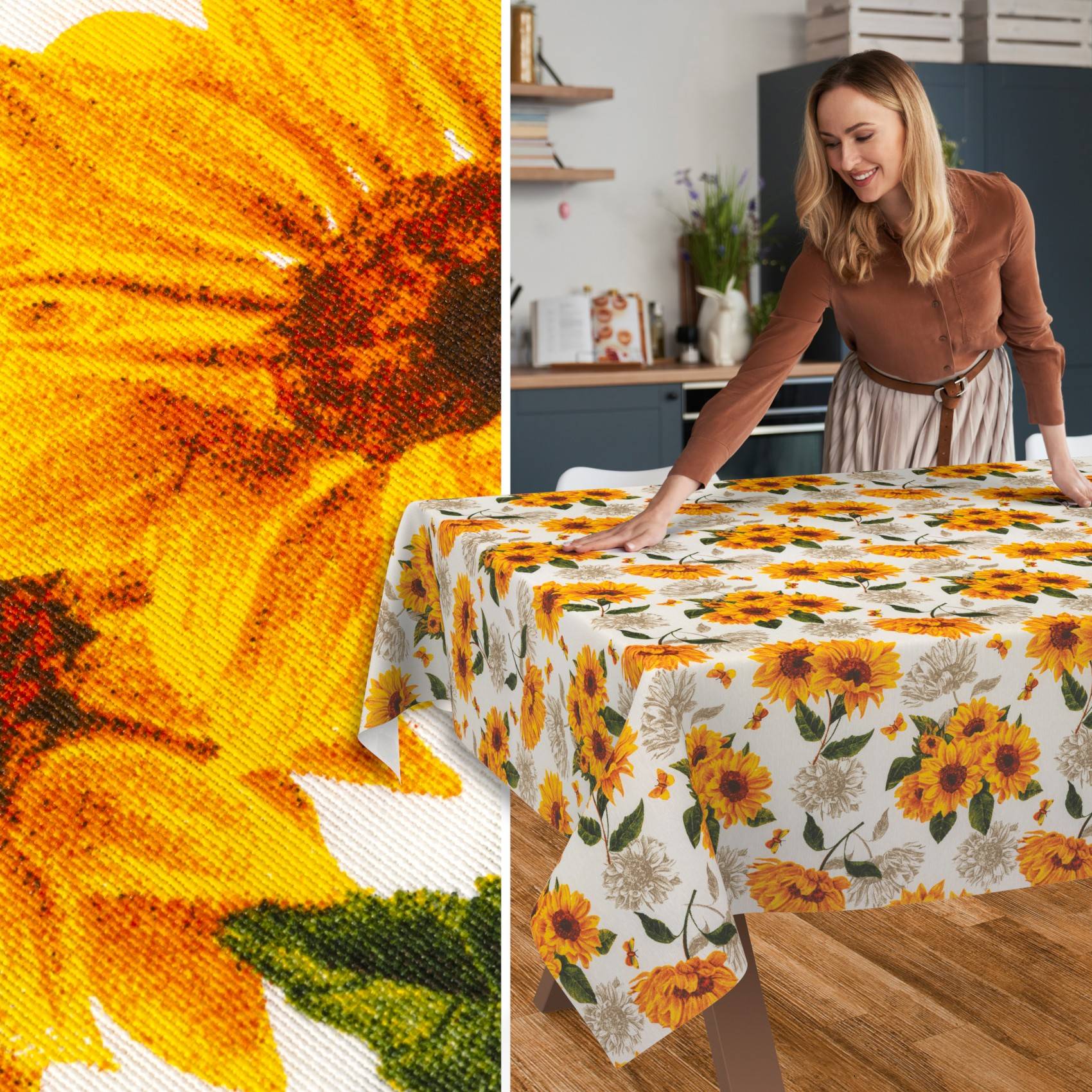 Eine Frau glättet eine Tischdecke mit Sonnenblumenmuster auf einem Esstisch, wobei eine Nahaufnahme den hellen Blumendruck des Stoffes zeigt.