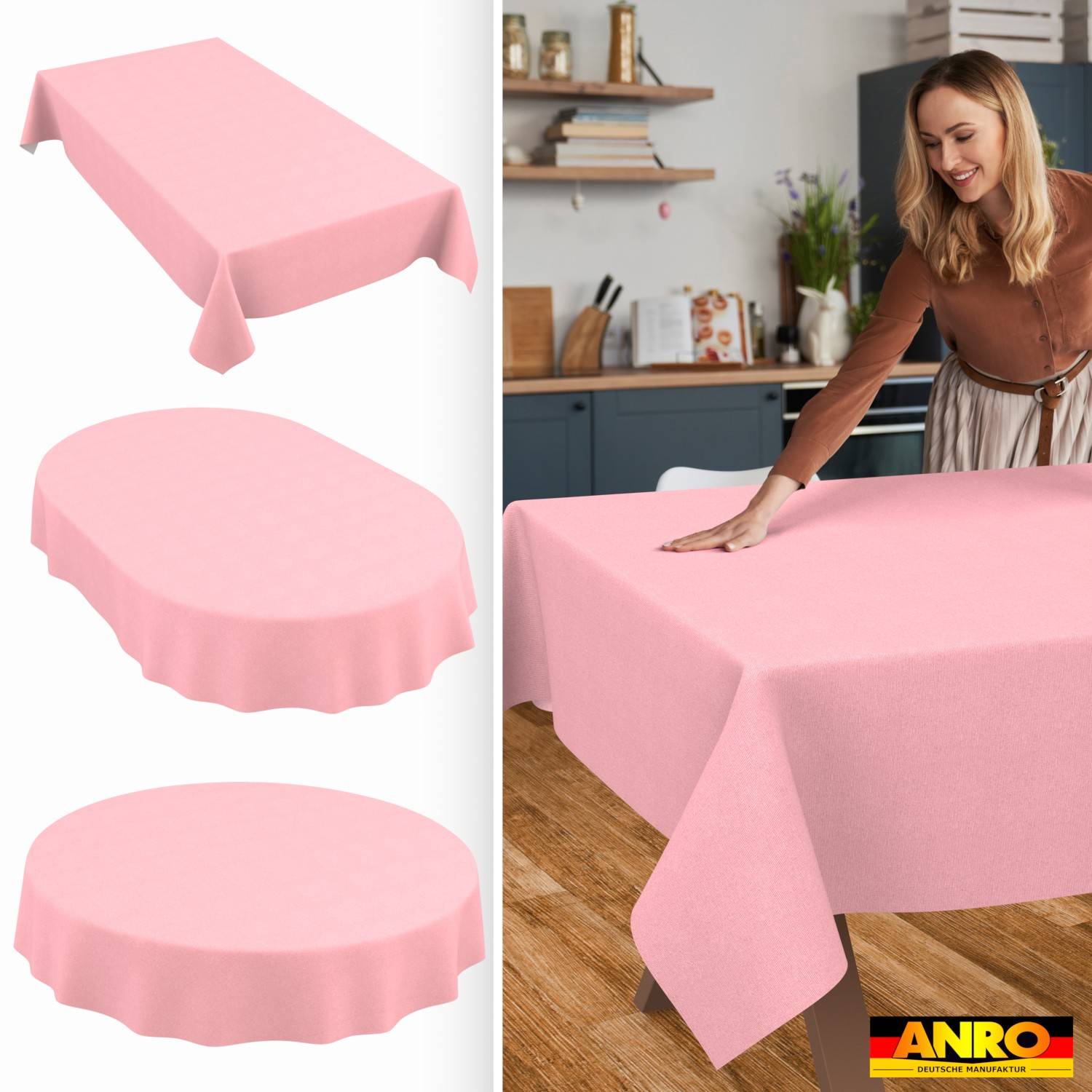 Geteiltes Bild mit rosa Tischdecken in drei Formen auf der linken Seite und einer Frau, die eine rosa Tischdecke auf einem Esstisch in einer Küche auf der rechten Seite glättet.