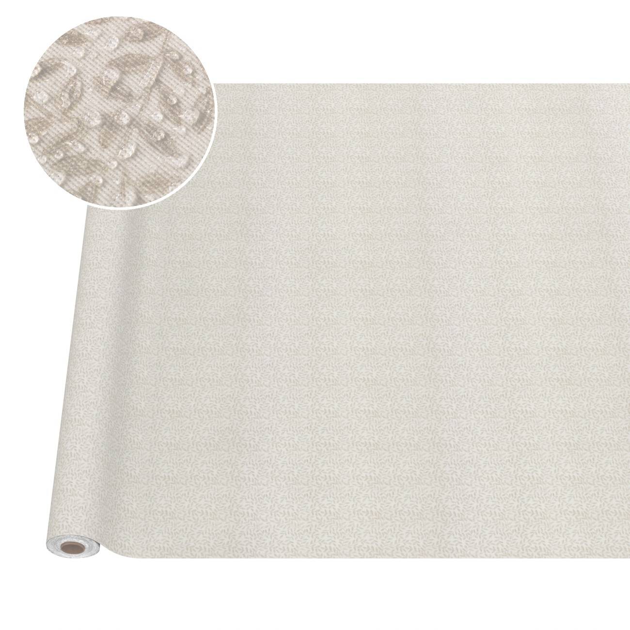 Rolle aus leichtem Beige-Strukturtapeten oder Vinyl-Wandbelag, teilweise aufgerollt auf weißem Hintergrund gezeigt, mit einer Nahaufnahme des geprägten Musters im Inset.