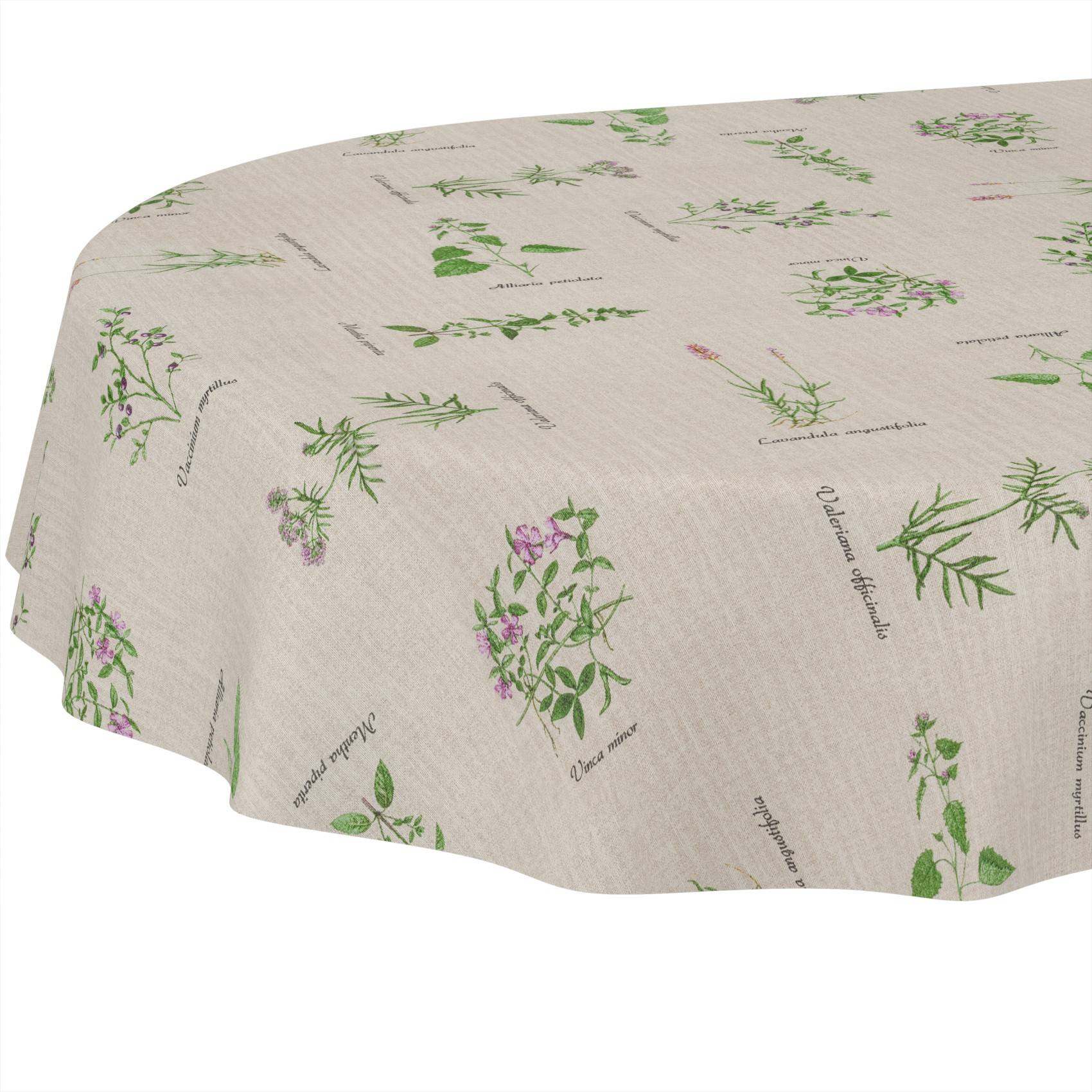 Beigefarbene Tischdecke mit verstreuten grünen und violetten botanischen Kräuterillustrationen und über den Stoff gedruckten Pflanzennamen.