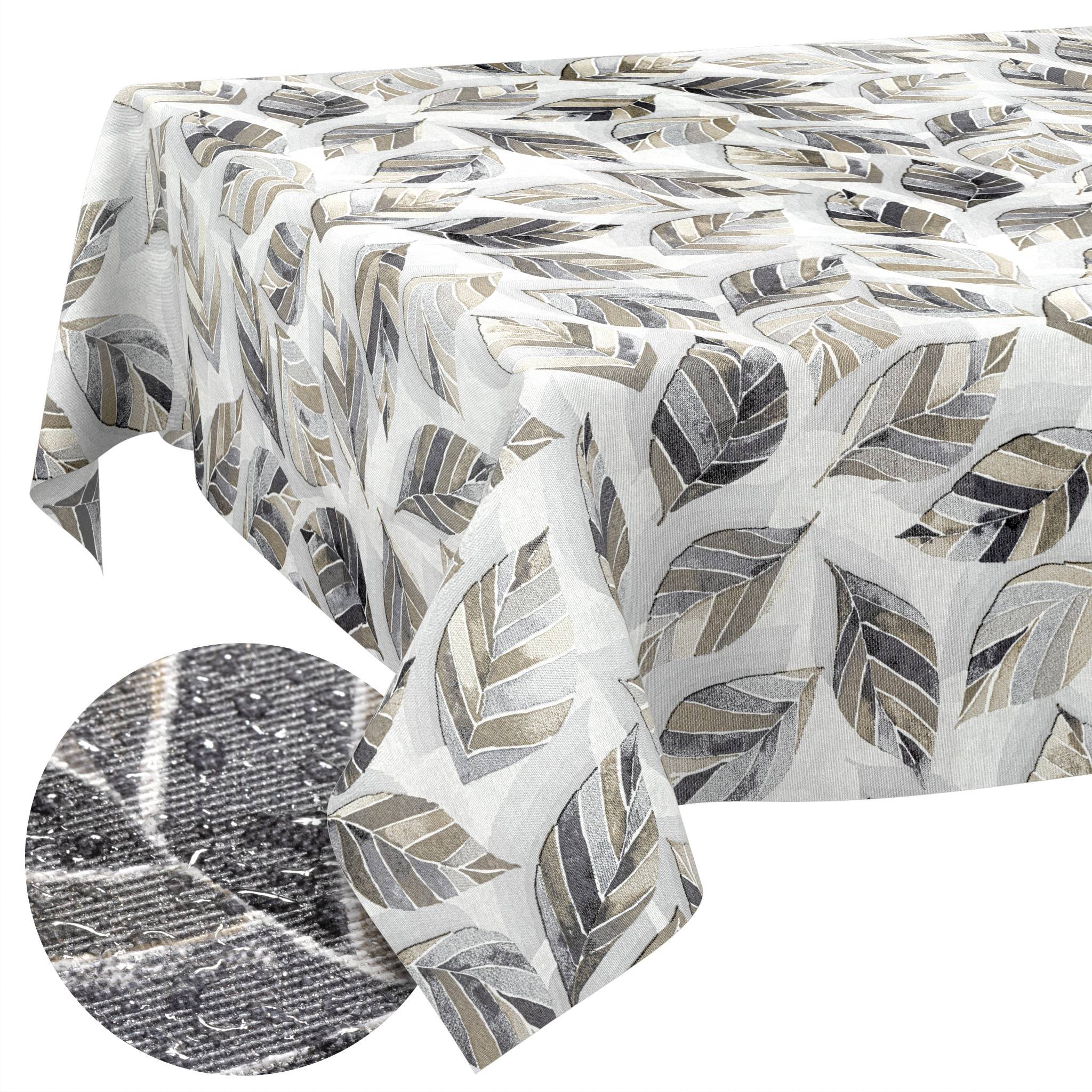 Tischdecke mit Blattmuster mit vergrößertem Ausschnitt, der die Webtextur und das grau, beige und weiß gefärbte Blattmuster zeigt.