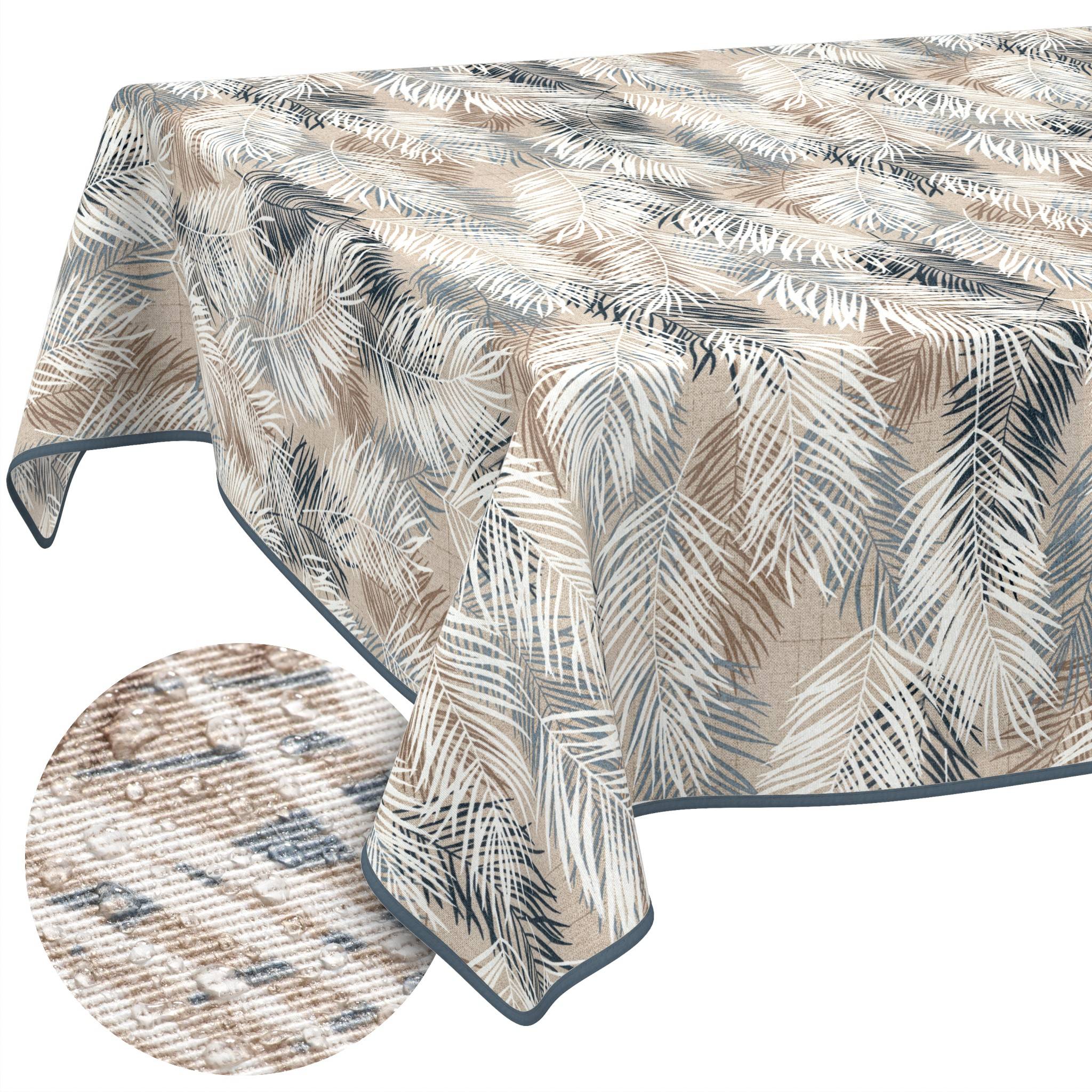 Rechteckige Tischdecke mit beigem und grauem Blatmuster, über einem Tisch drapiert gezeigt, mit einer kreisförmigen Nahaufnahme der Stofftextur.