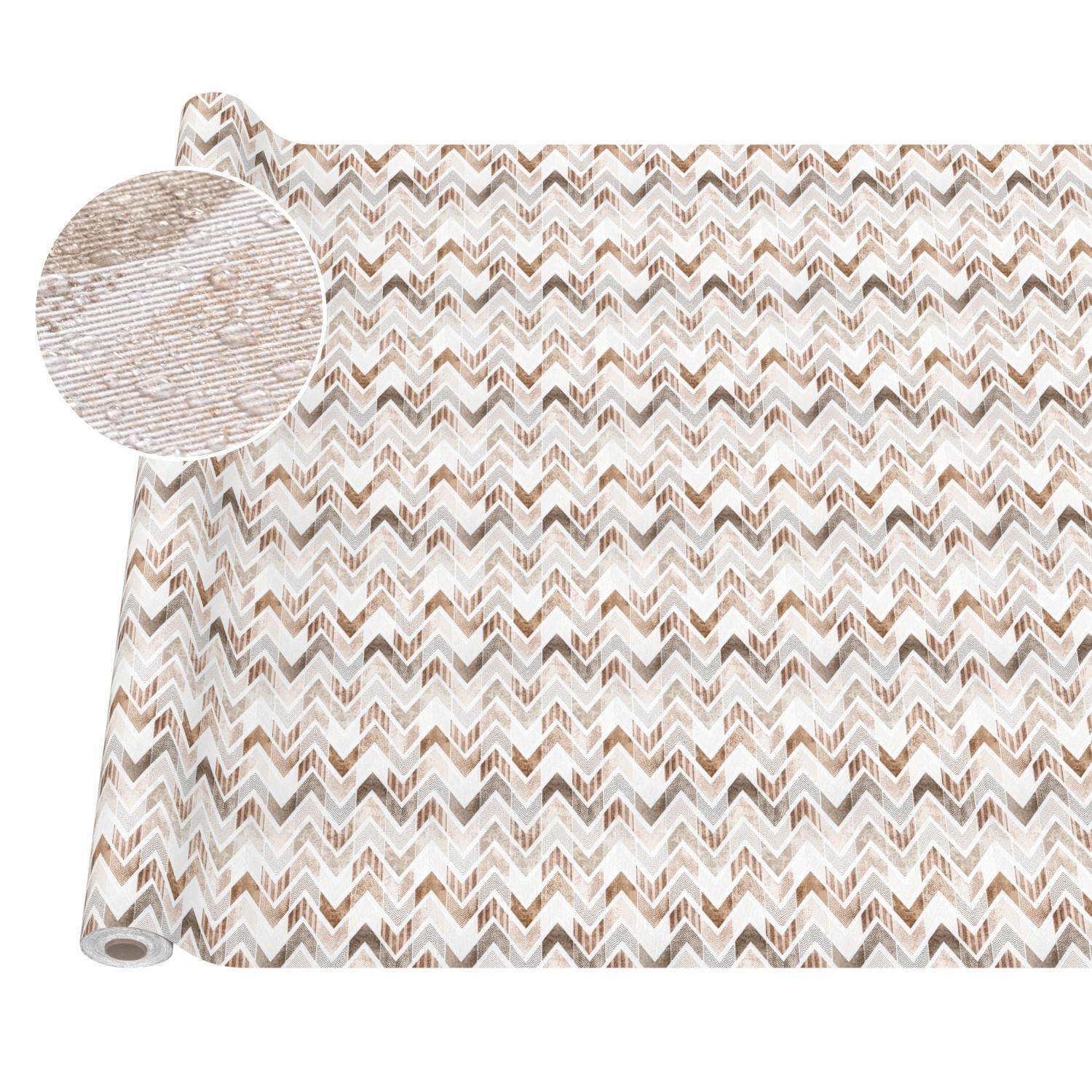 Rolle aus beige- und weißer Chevron-gemusterter Tapete mit einer kreisförmigen Nahaufnahme der strukturierten Oberfläche.