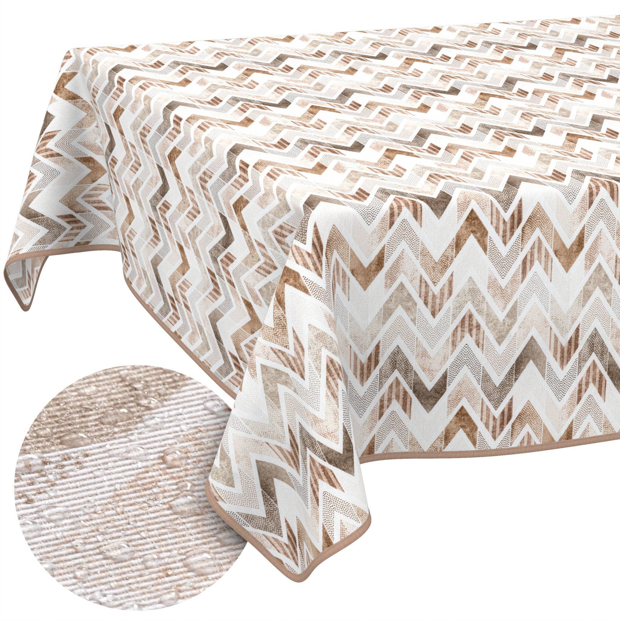 Beige und weiße Tischdecke mit Chevron-Muster, das über einen Tisch drapiert ist, mit einer kreisförmigen Vergrößerung, die die strukturierte Textur des Stoffs zeigt.