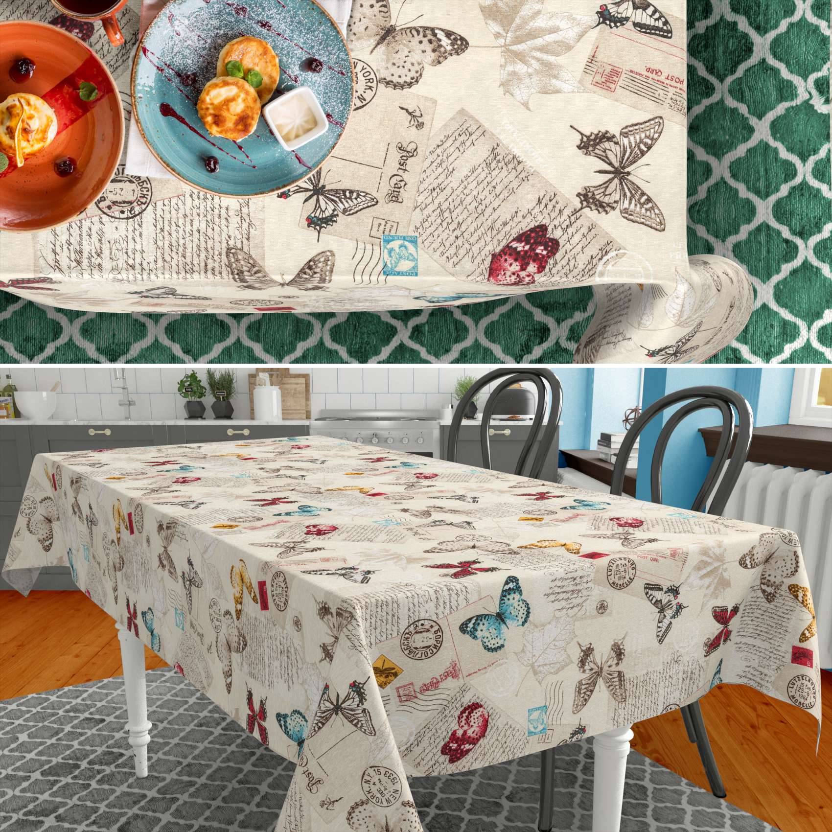 Dekorative Tischdecke mit vintage Postal- und Schmetterlings-Druck auf einem Esstisch in einer Küche, gezeigt in Nahaufnahmen und Gesamttischansichten.