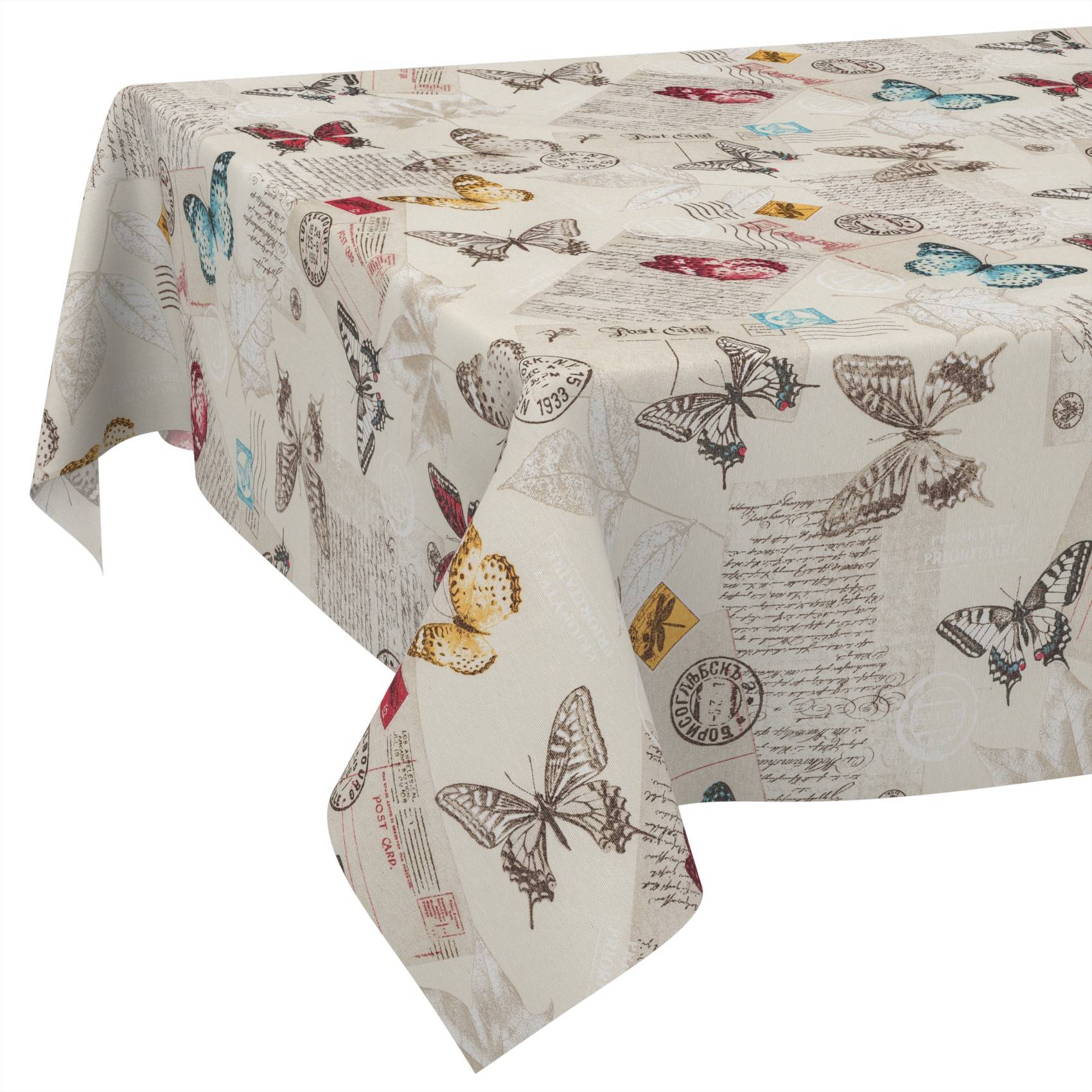 Tischdecke in Beige mit Schmetterlingsmuster und Vintage-Stempel sowie handschriftlichem Text auf einem rechteckigen Tisch