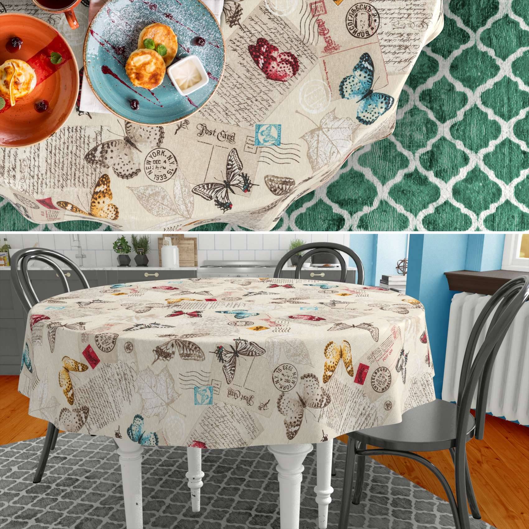 Rundtischtuch mit Schmetterlingsmuster auf einem Esstisch, in Nahaufnahme und in einer Küchenumgebung mit Stühlen und einem Teppich gezeigt.