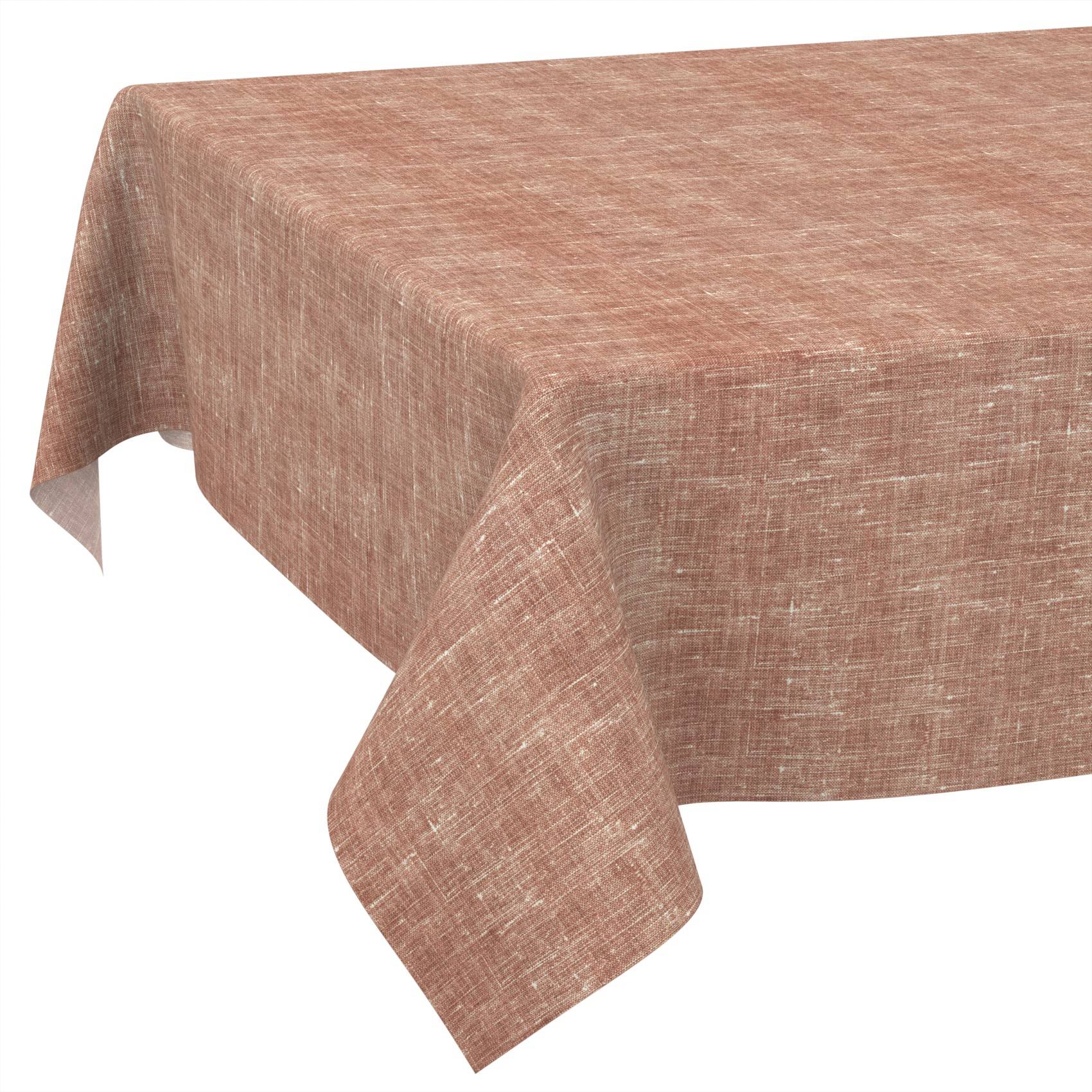 Braune strukturierte Tischdecke, die über einen rechteckigen Tisch drapiert ist und vor einem weißen Hintergrund gezeigt wird.