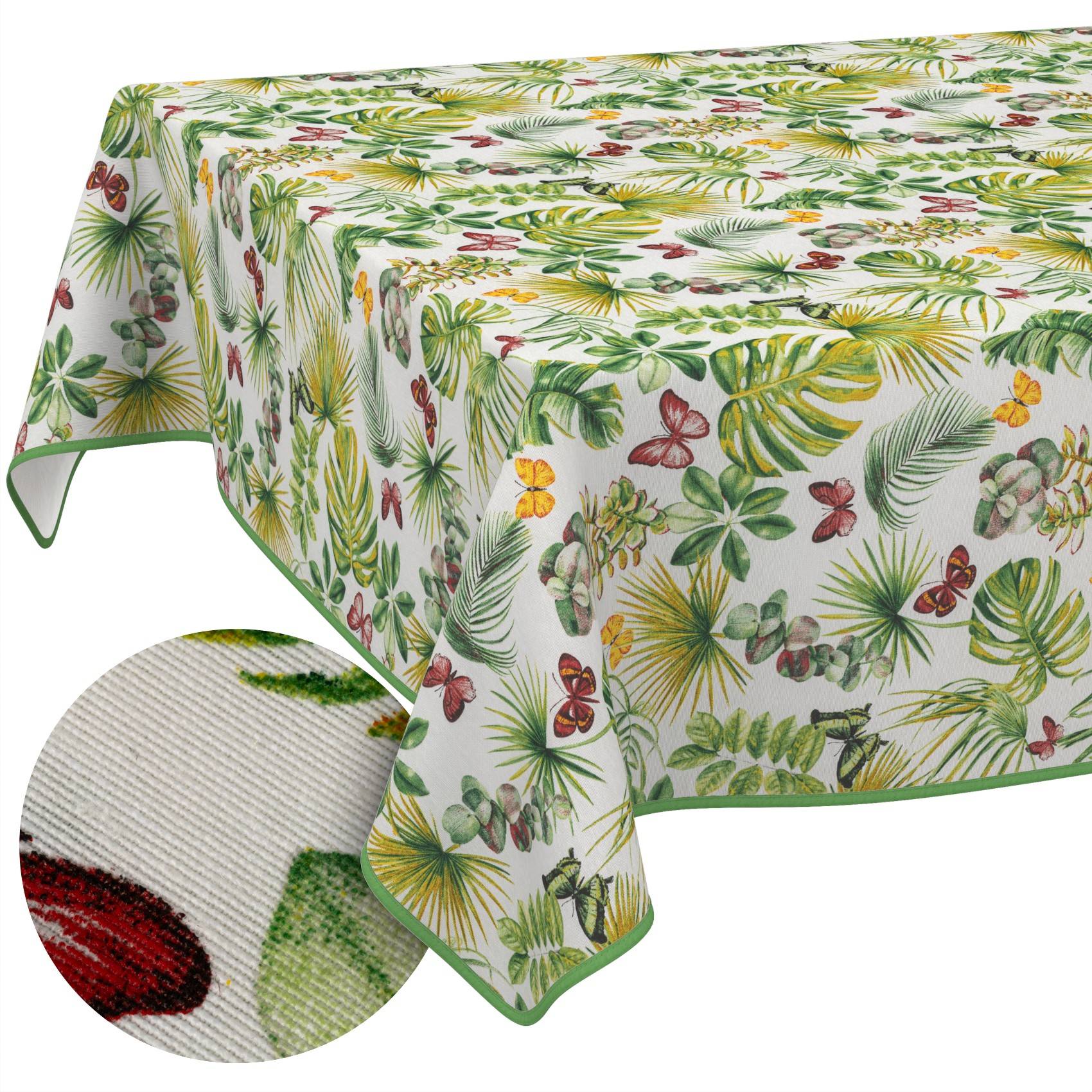 Ein rechteckiges Tischdecke mit tropischem Blatt- und Schmetterlings-Print in Grün, Gelb und Rot, gezeigt mit grünem Saum; eine eingefügte Nahaufnahme zeigt die Webtextur des Stoffes.