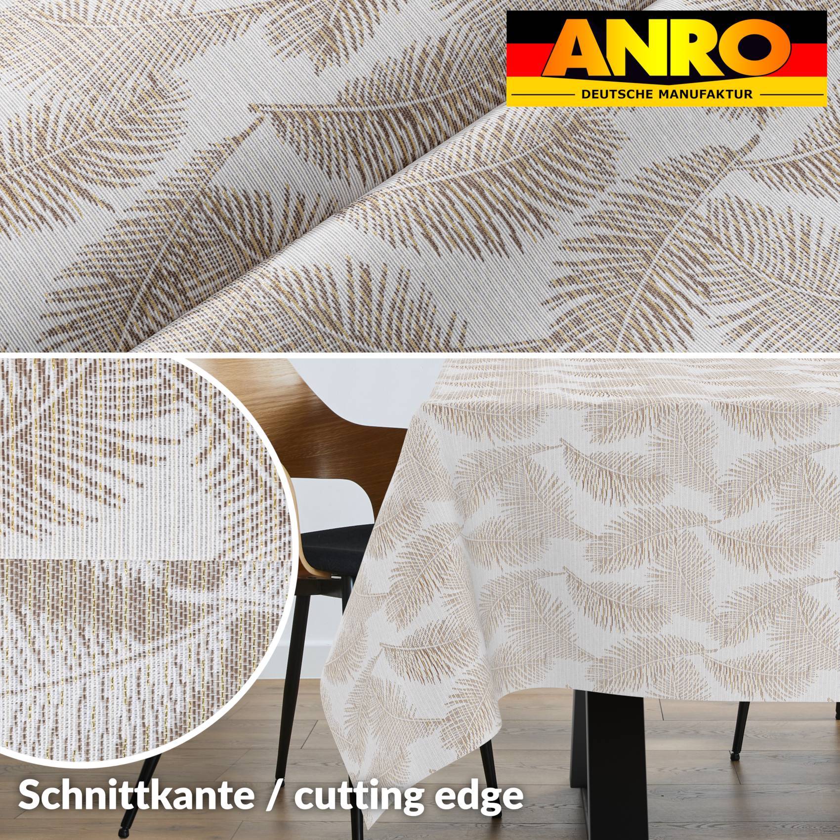 Nahaufnahme eines beigefarbenen Tischdeckenstoffs mit Blattmuster und sichtbarem Label „Schnittkante / cutting edge" sowie ANRO-Logo, das die Stoffkantendetail zeigt.