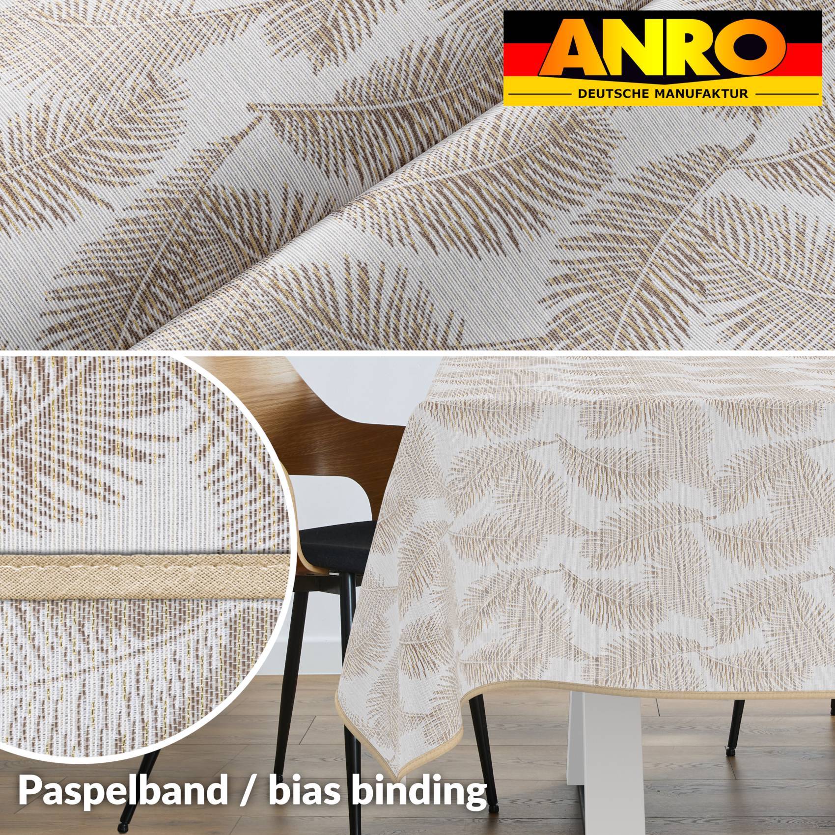Strukturierte beige Tischdecke mit Blattmuster und passendem Paspelband, oben rechts mit Marke ANRO gekennzeichnet.