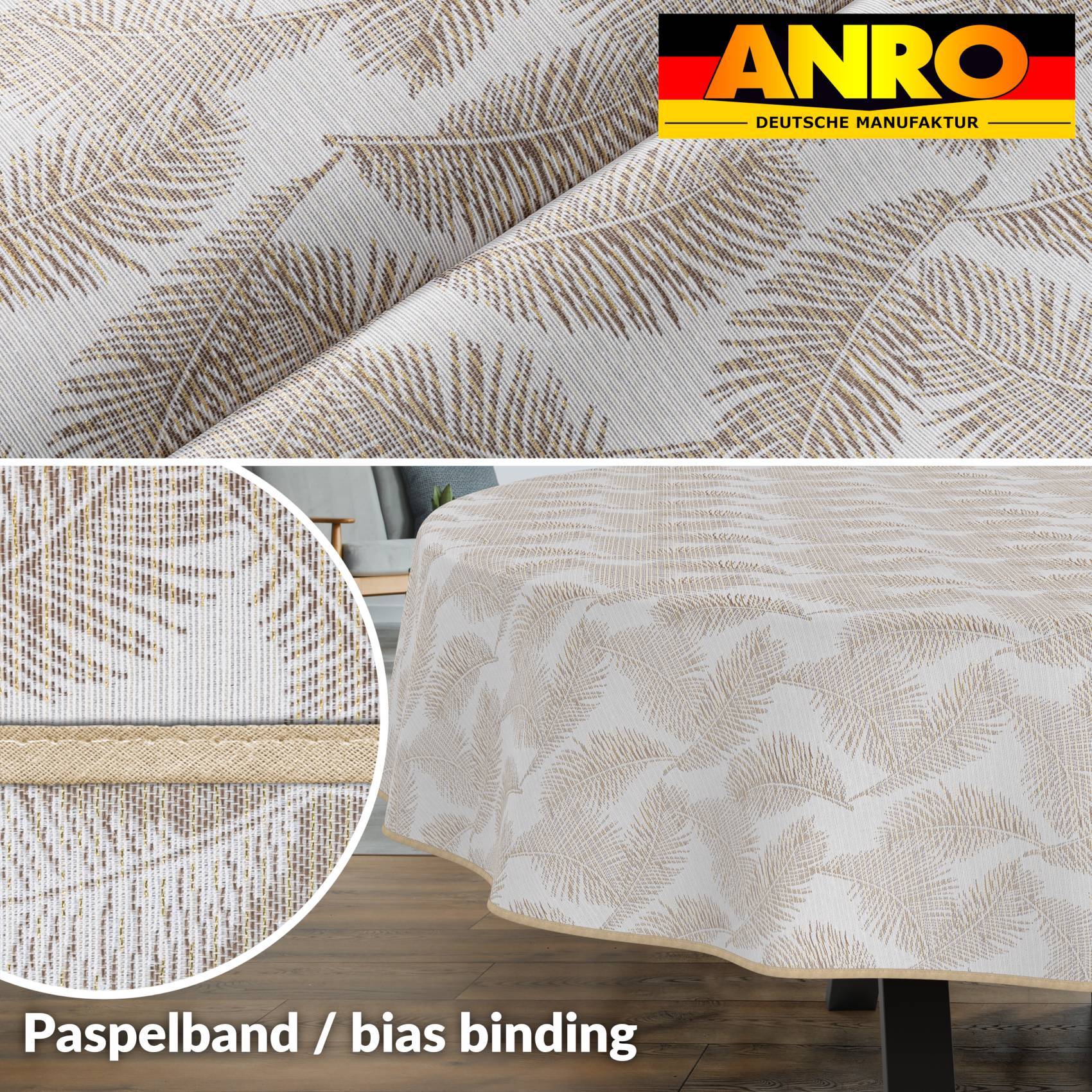 ANRO-Tischdecke mit Muster auf einem Tisch, mit eingefügter Nahaufnahme des Gewebes und Text "Paspelband / Schrägband"".