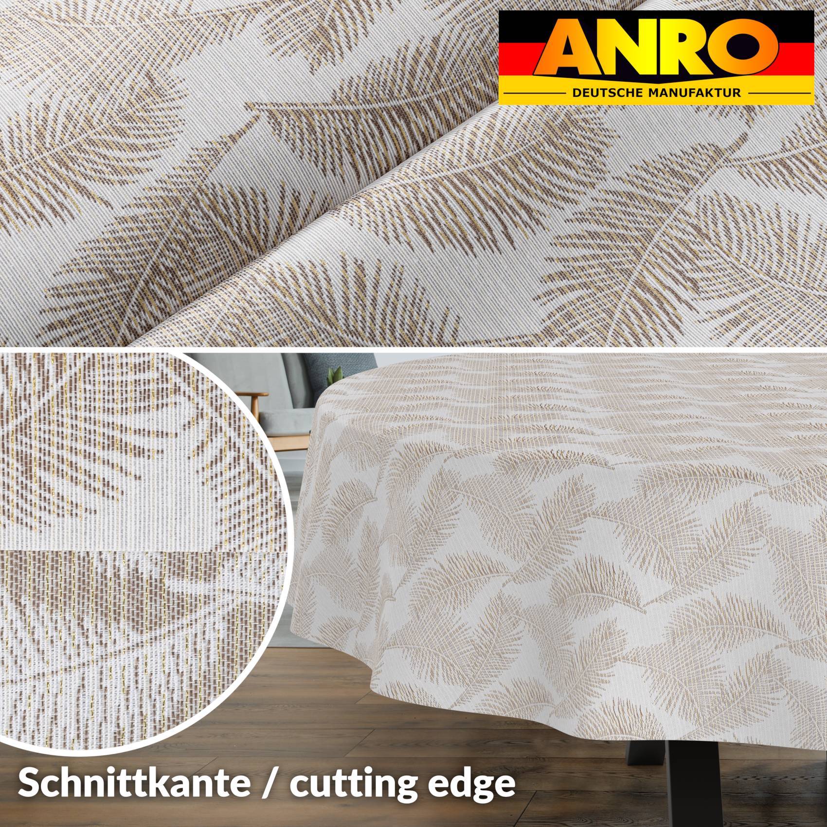 Nahaufnahme eines beigen Tischdeckenstoffs mit Blattkuster, die das bedruckte Design und ein detailliertes 'Schnittkante / Schnittkante'-Muster von ANRO zeigt.