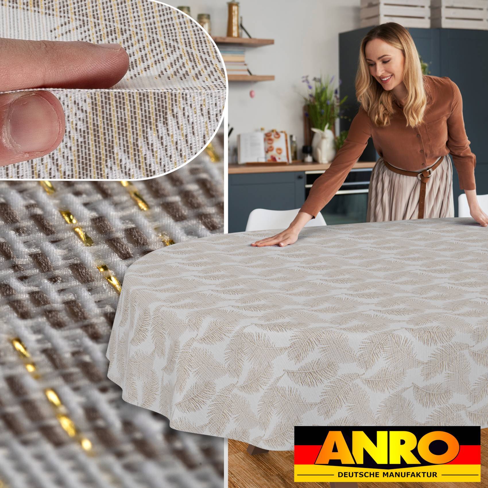Frau glättet eine hellbeige gemusterte Tischdecke; eingefügte Nahaufnahmen zeigen die gewebte Stofftextur und die Nähte, mit ANRO Deutsche Manufaktur Logo.