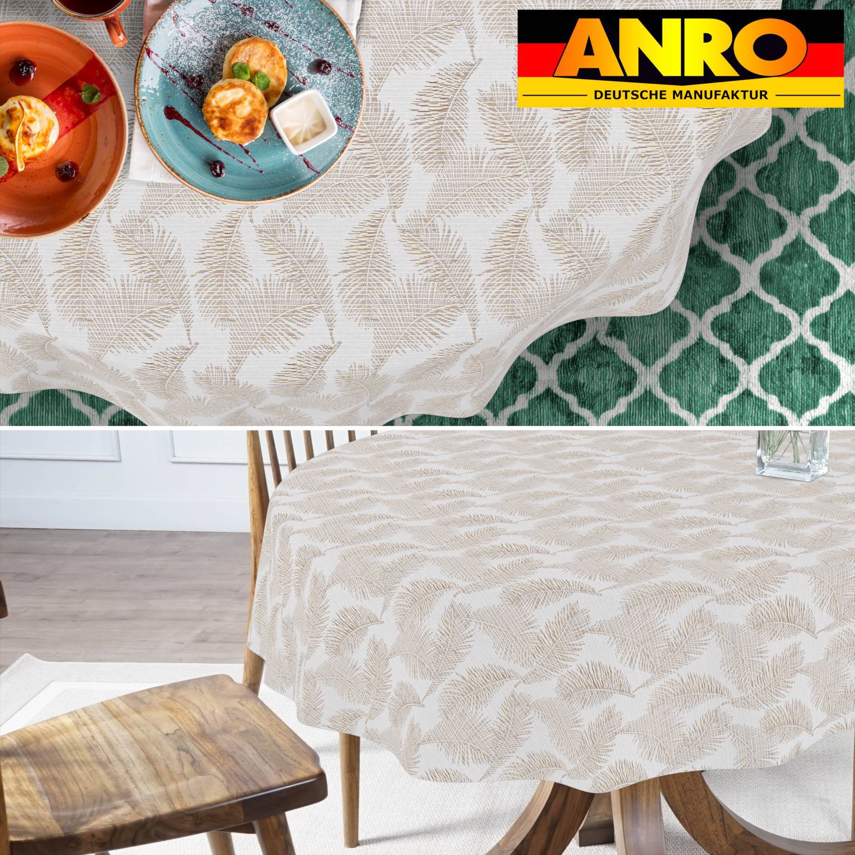 ANRO-Tischdecke mit zartem Blattmuster, gezeigt auf einem Esstisch, mit Logo- und Tischplattendetailbildern.