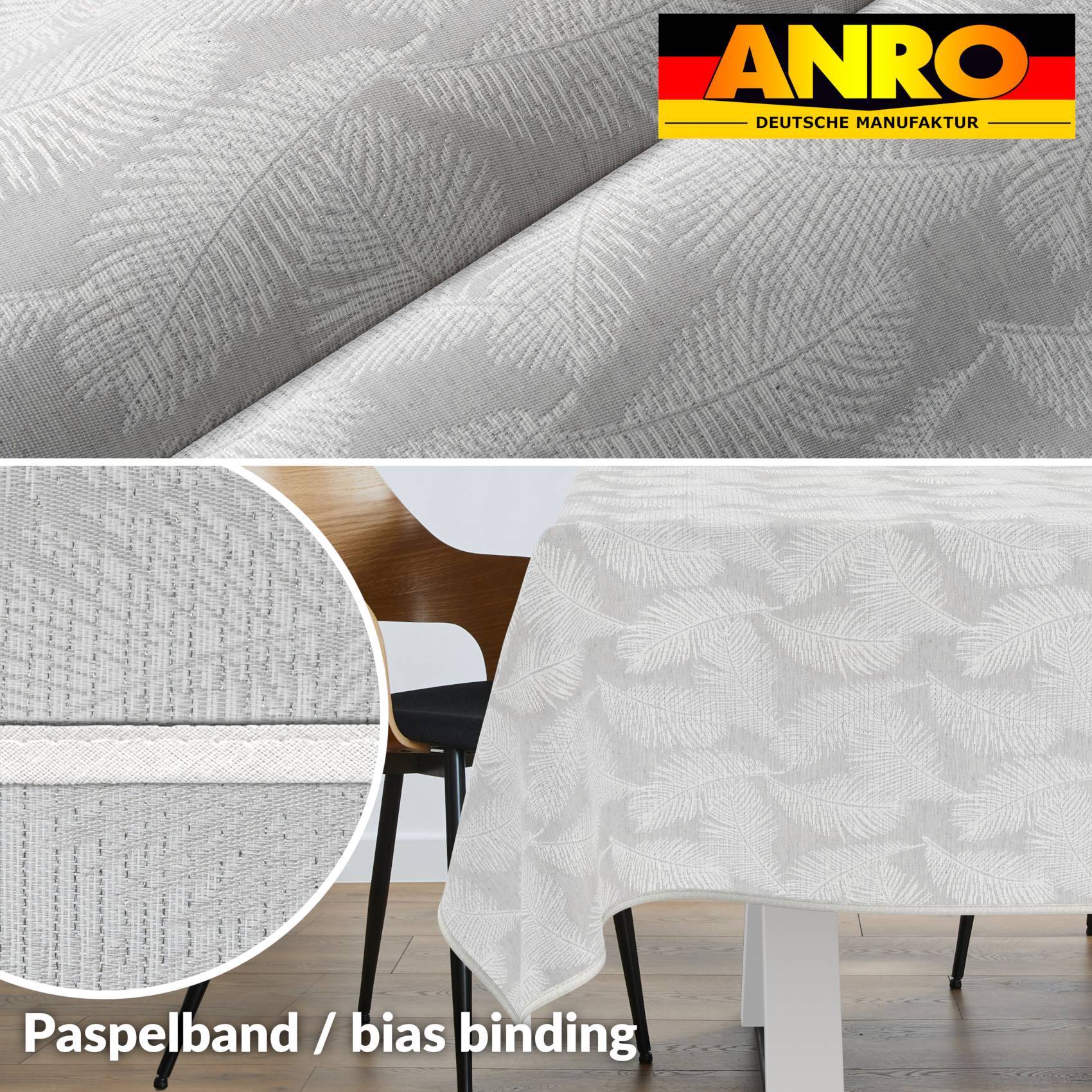 Werbebild eines hellgrauen strukturierten Stoffes mit dem Logo "ANRO"" und der Beschriftung ""Paspelband / Schrägband"", das Material auf einer Tischdecke und eine Nahaufnahmedetail zeigt.