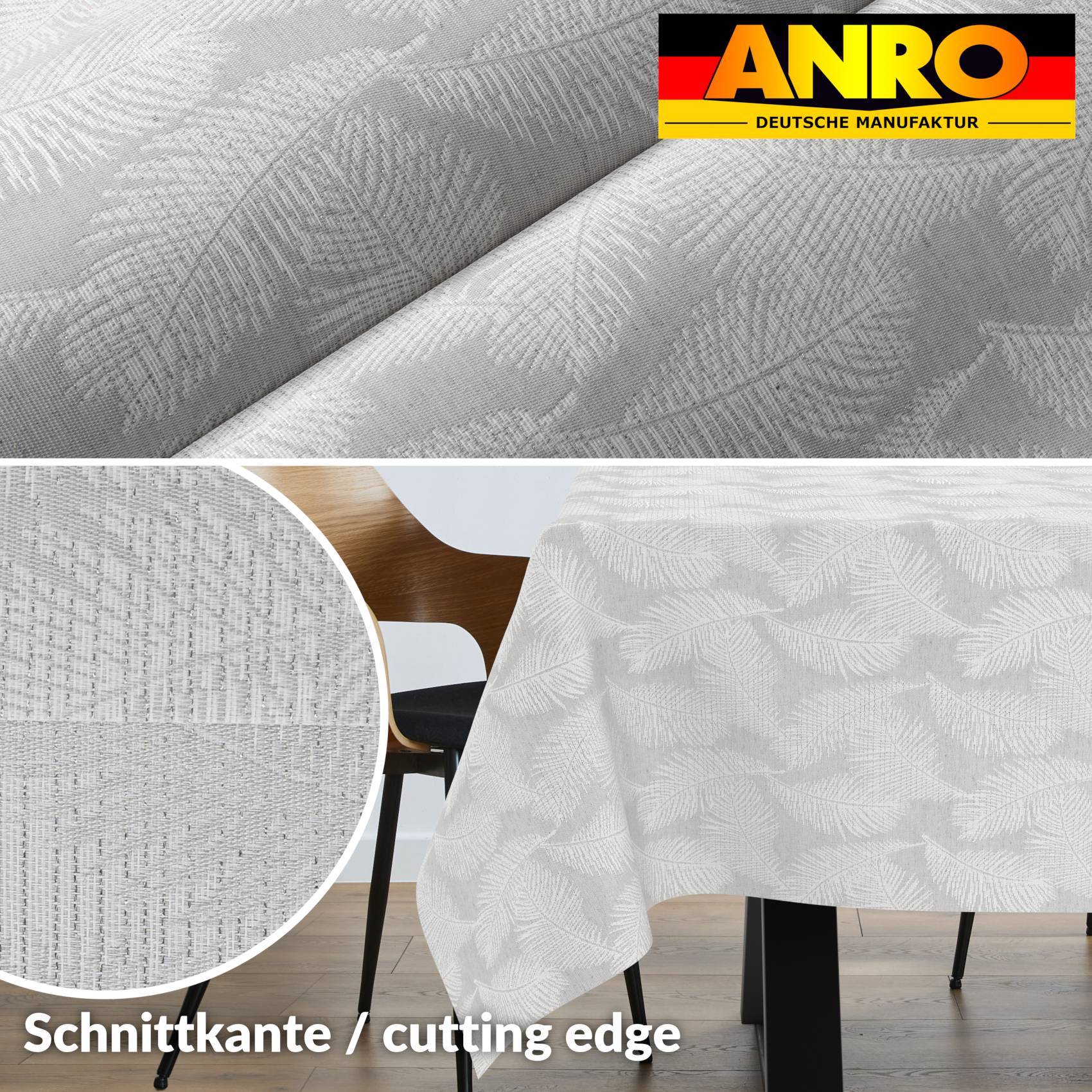 Graues strukturiertes Polsterstoffmaterial, vergrößert dargestellt und als Tischdecke gezeigt, mit eingefügtem Detail mit der Beschriftung „Schnittkante / cutting edge" und ANRO-Branding.