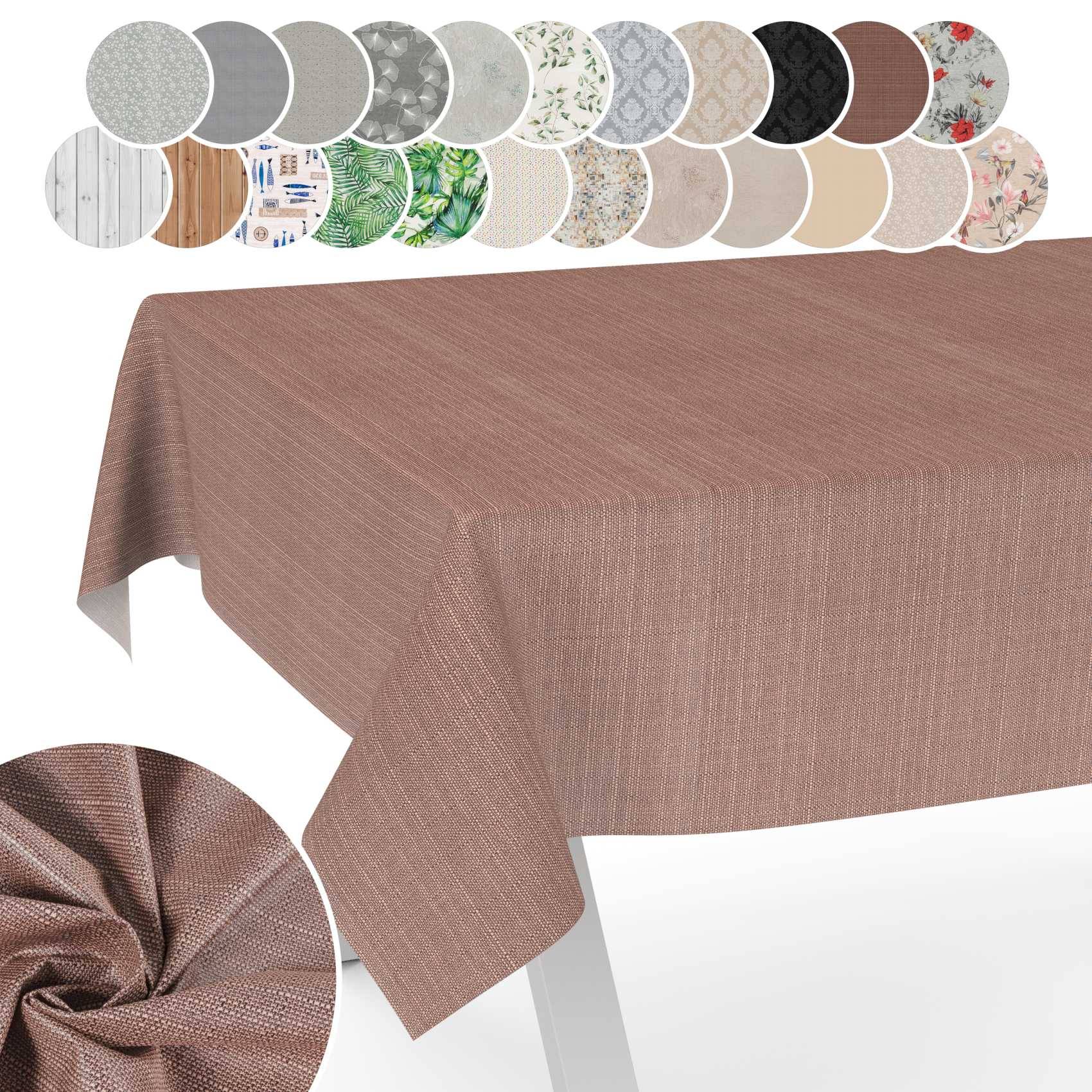 Braune strukturierte Tischdecke auf einem Tisch, mit eingefügter Nahaufnahme des gewebten Stoffs und einer Reihe von kreisförmigen Mustern verschiedener Farben und Muster oben.