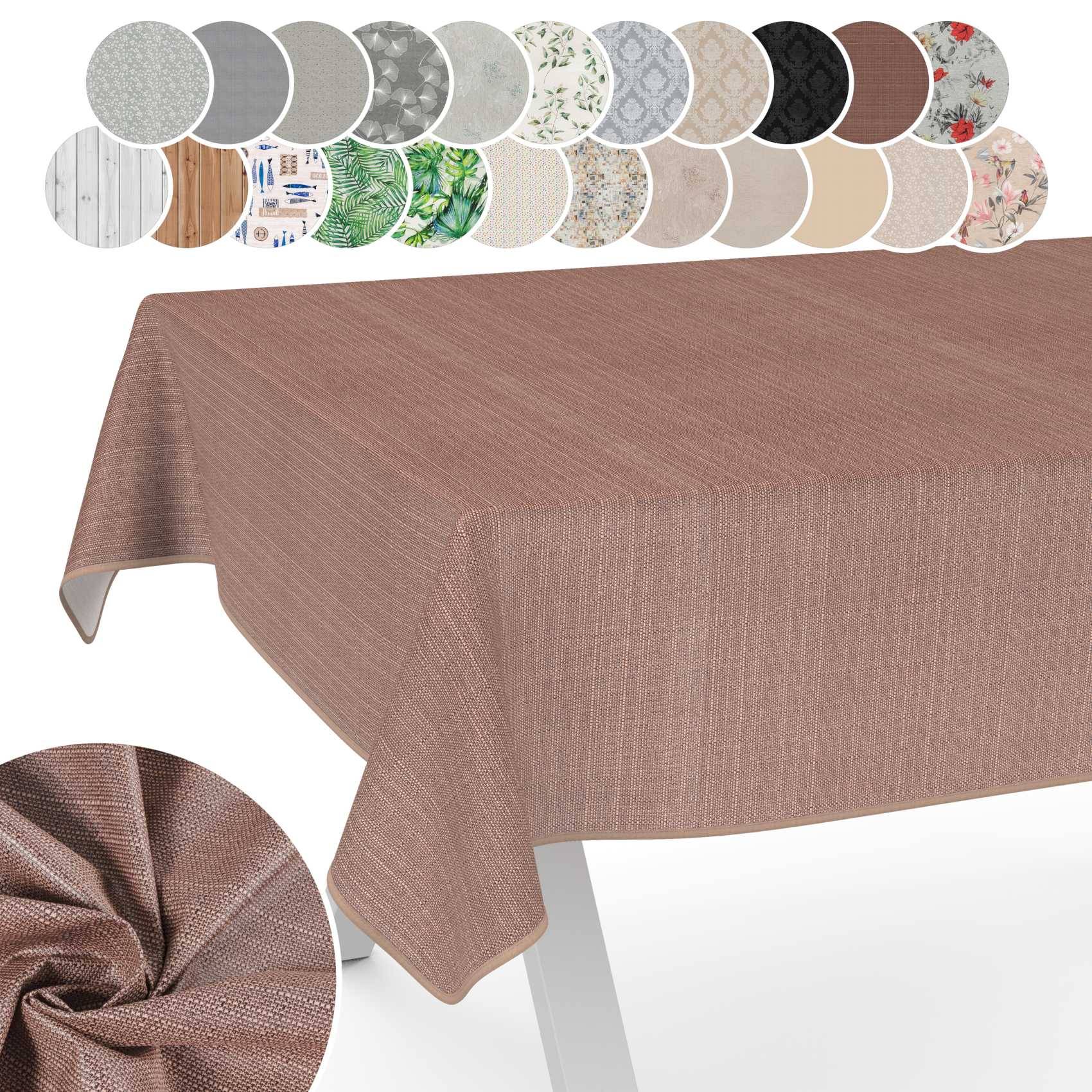 Braun gewebte Tischdecke auf einem Tisch, mit kreisförmigen Farbmustern, die verfügbare Farben und Muster darüber zeigen.