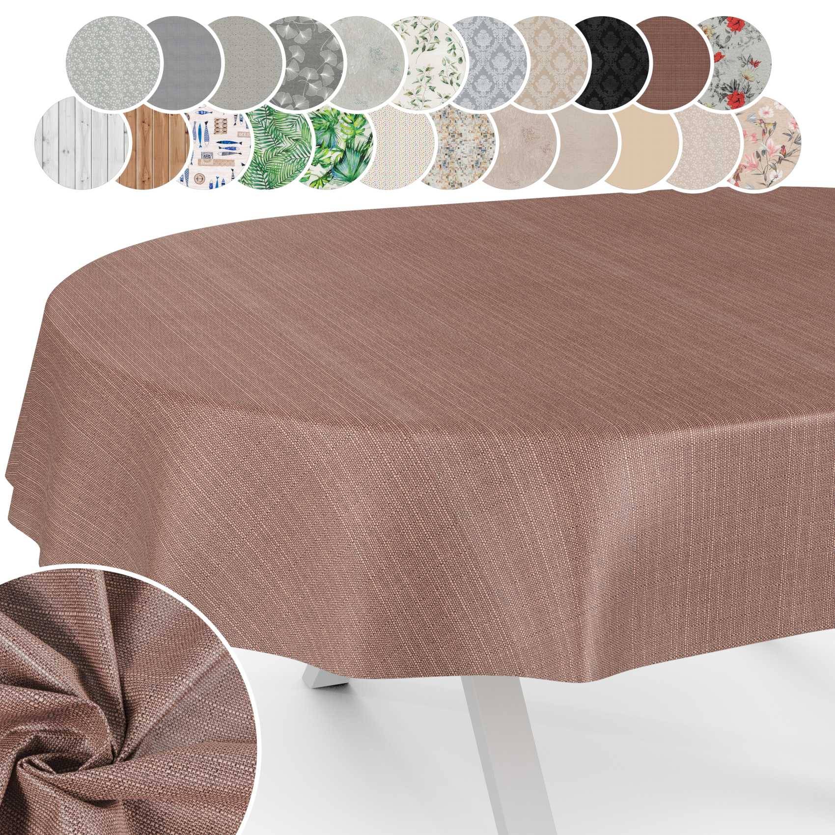 Braune strukturierte Tischdecke, die über einen quadratischen Tisch drapiert ist, mit kleinen Mustermusterproben oben, die verfügbare Farben und Muster zeigen.