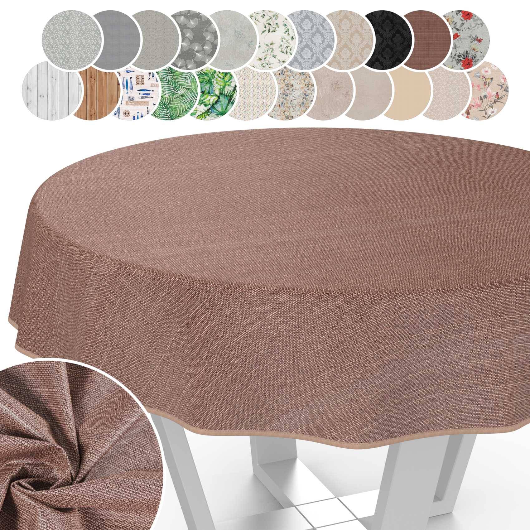Rundecke Tischdecke auf einem Esstisch, gezeigt in Braun mit einer Nahaufnahme des Stoffdetails und kleine Farbmuster sowie verfügbare Muster darüber.