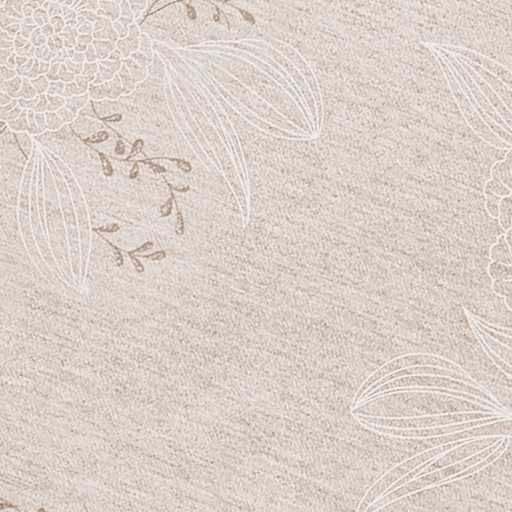 Helles Beige-Textilgewebe mit feinem weißem Blumenlaubmuster und zarten braunen Rankenakzenten.