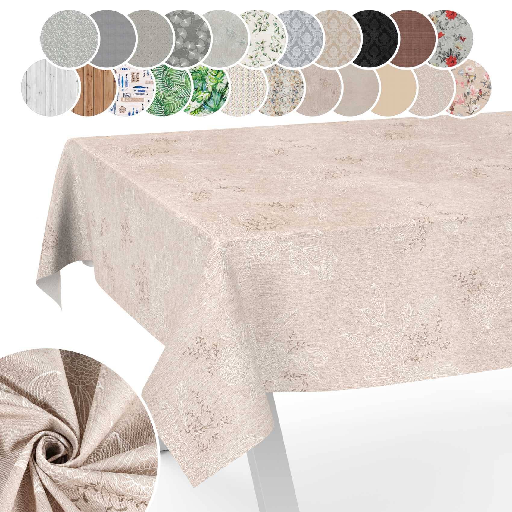 Beigefarbige Blumentischdecke auf einem Tisch, gezeigt mit einer Reihe von Farb- und Mustermustern und einer Nahaufnahme des Stoffdetails als Einfügung.