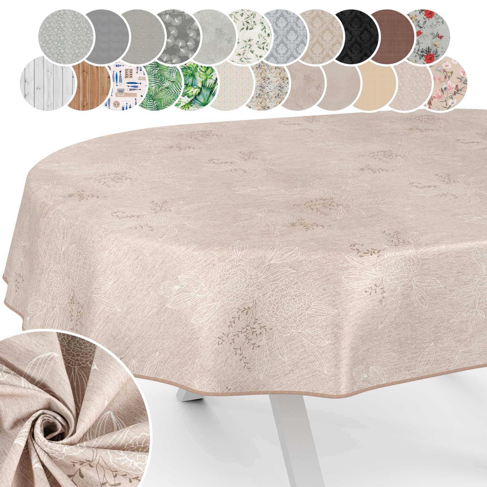 Beige gemusterte Tischdecke auf einem Esstisch, dargestellt mit einer Reihe von Farb- und Musteroptionen oben und einer Detailansicht des Stoffes als Einsatz.
