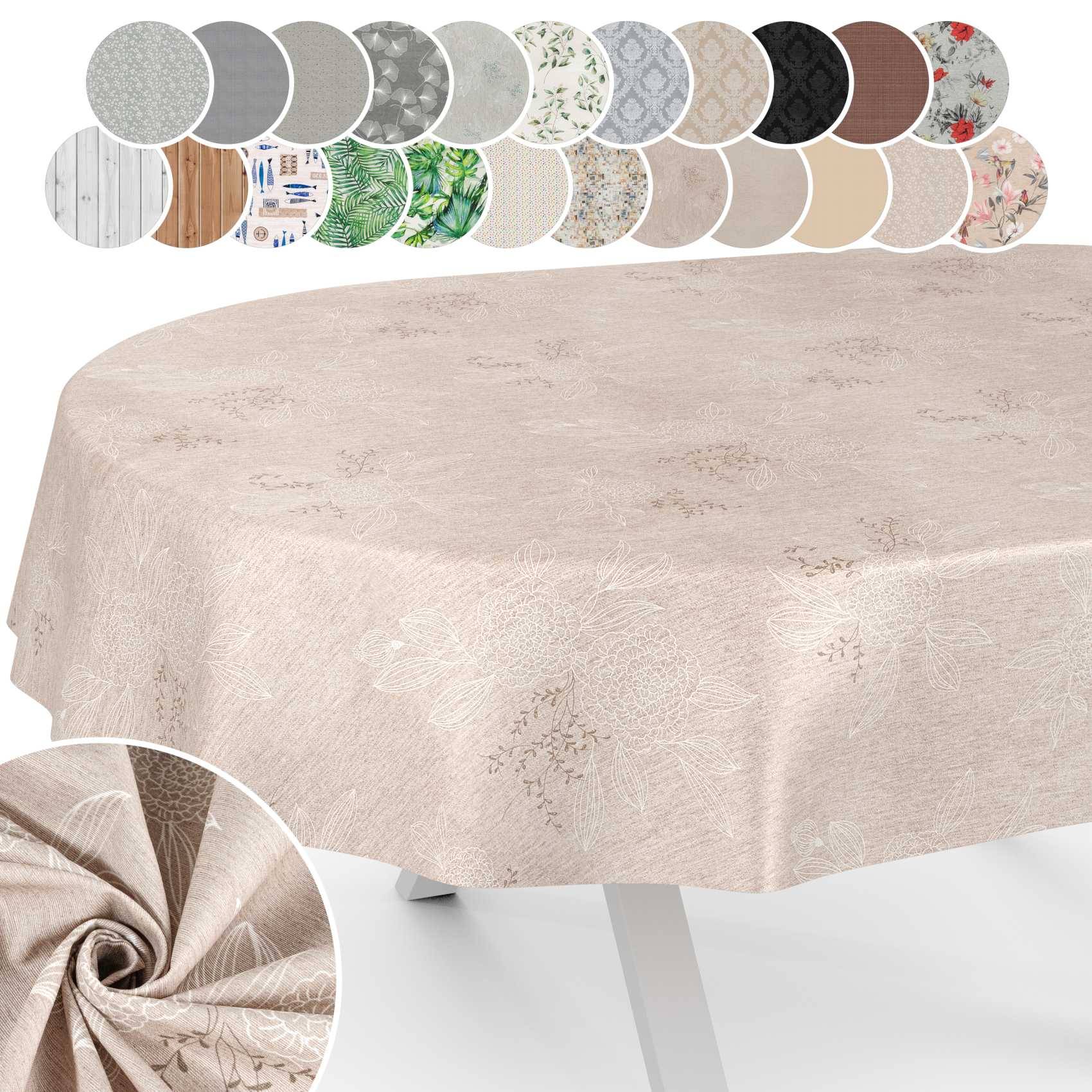 Beige geprägte Tischdecke auf einem Esstisch, dargestellt mit kreisförmigen Mustern verfügbarer Stoffmuster und Farben oben und einer Detailaufnahme der Textur im Einsatz.